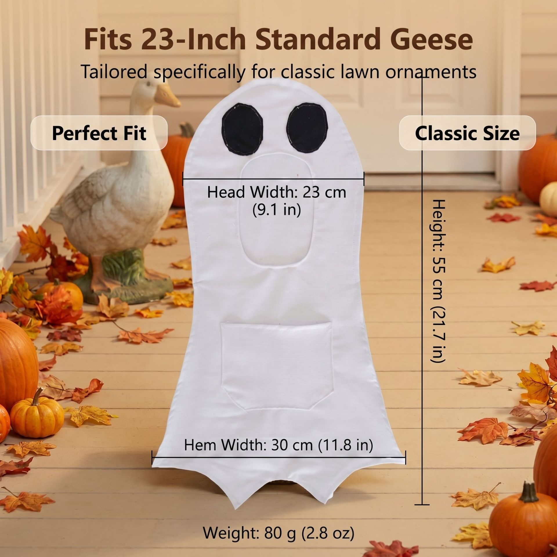 White Ghost Costume for 23 Inch Porch Goose Statues, Minimalist Polyester Halloween Lawn Goose Decor Outfit - Image 2