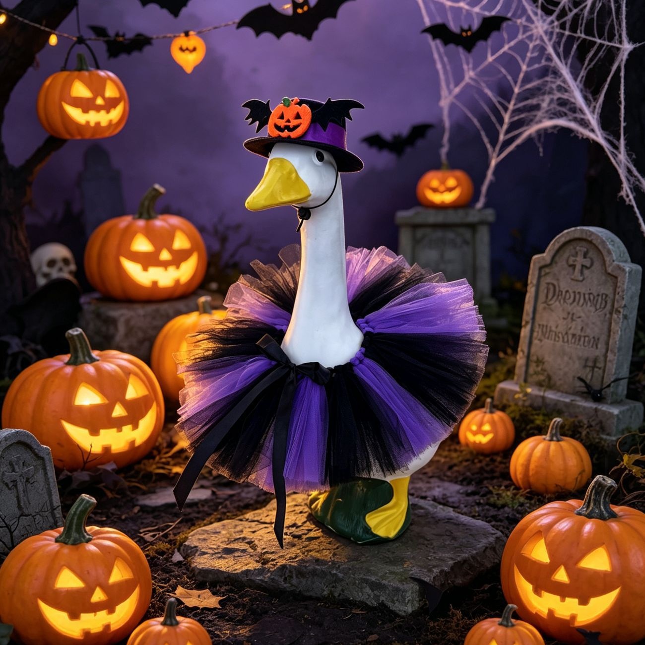 Halloween Rainbow Crown Skirt Porch Goose Costume, Bee Style Cloth Outfit in Orange & Purple for 23 Inch Cement Yard - Image 2