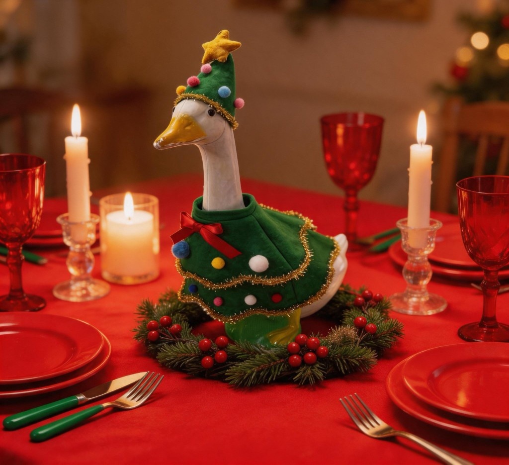 Handmade Dark Green Neoclassical Christmas Tree Skirt Goose Costume, 23 Inch Woven Fabric Porch & Lawn Goose Statue Decor Outfit - Image 5