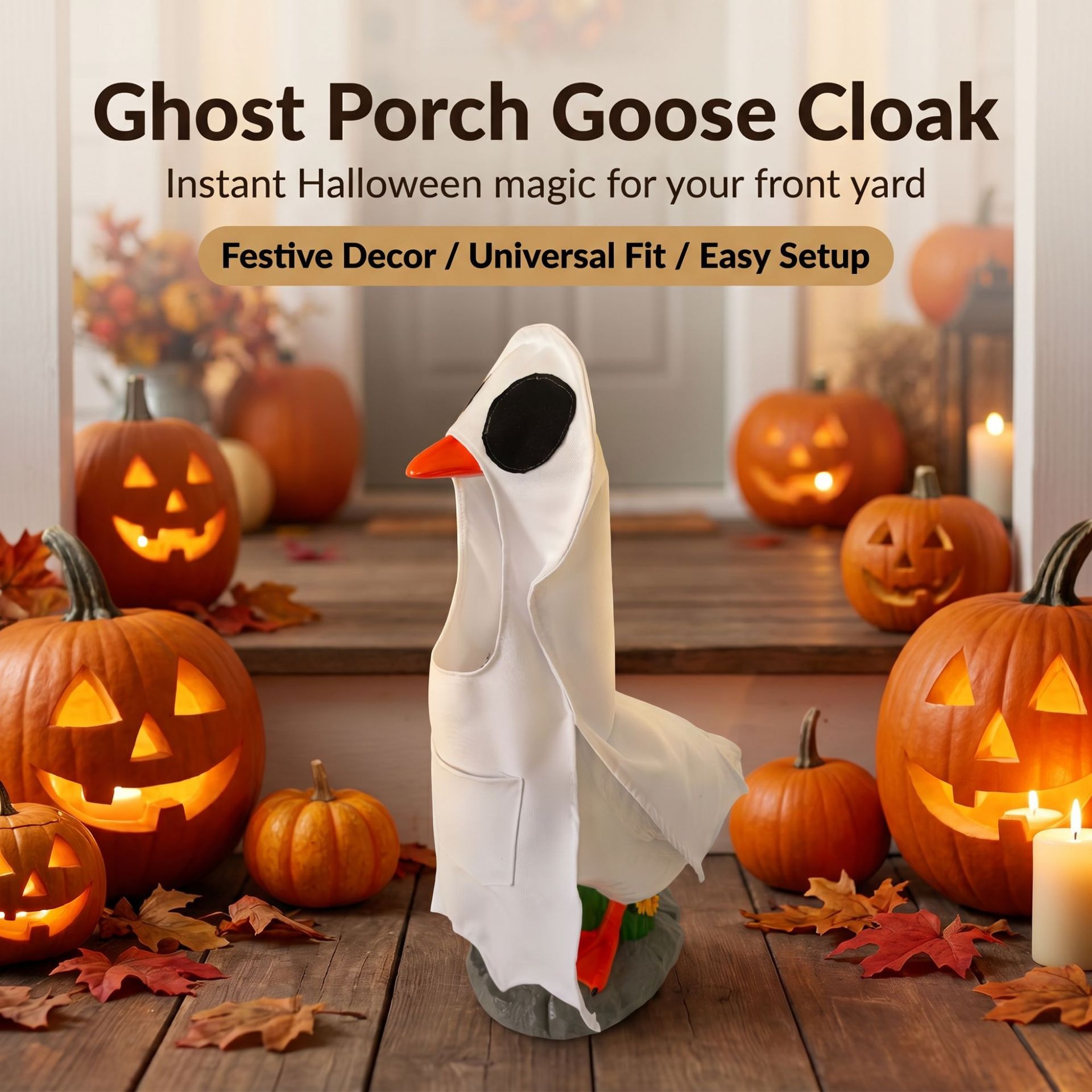 White Ghost Costume for 23 Inch Porch Goose Statues, Minimalist Polyester Halloween Lawn Goose Decor Outfit - Image 5