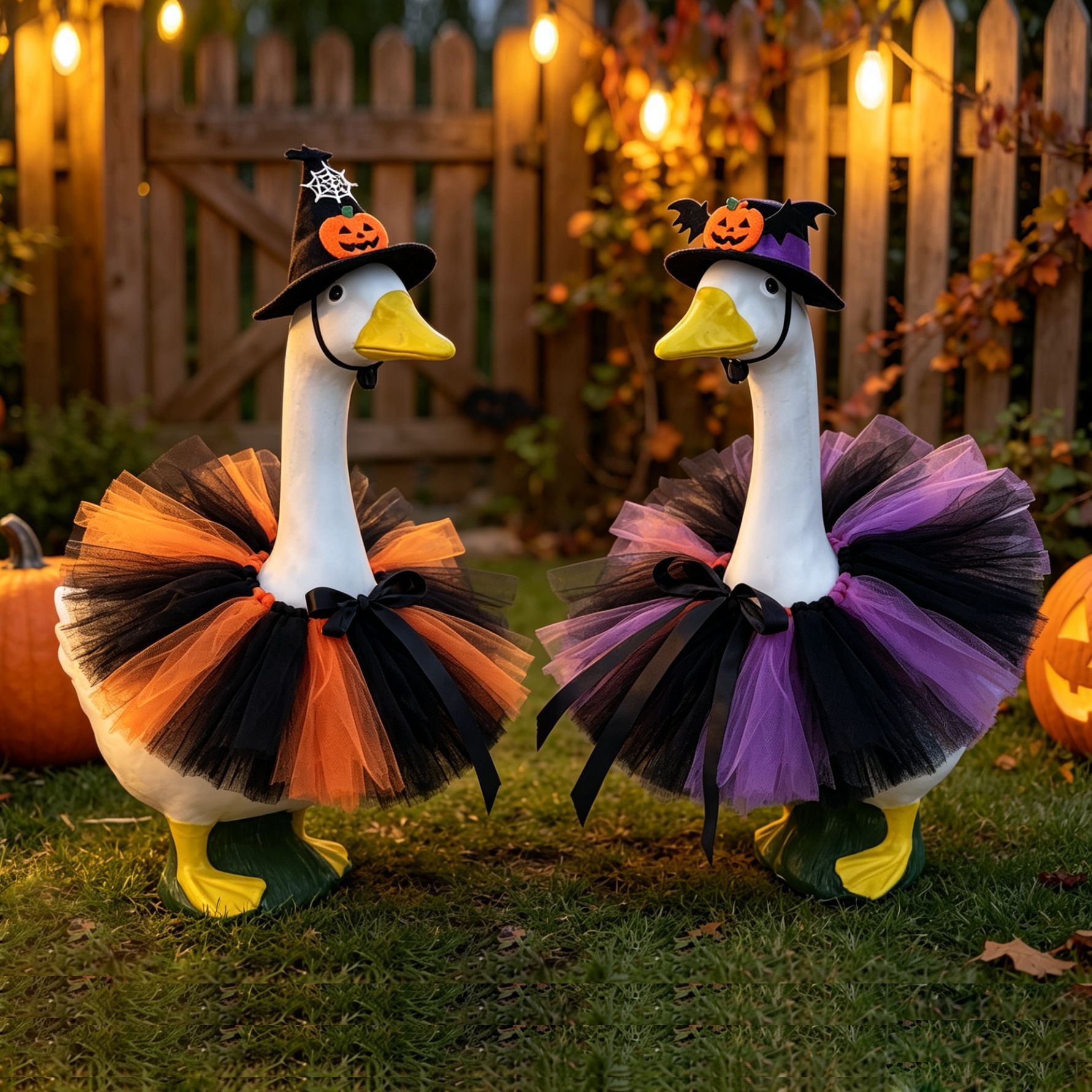 Halloween Rainbow Crown Skirt Porch Goose Costume, Bee Style Cloth Outfit in Orange & Purple for 23 Inch Cement Yard - Image 5