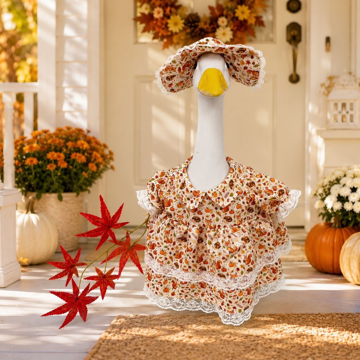 2026 New Autumn Floral Skirt Porch Goose Costume Set, Polyester Hat & Skirt Outfit with Fixed Strips for 50cm Yard Goose Statue Decor - Image 4