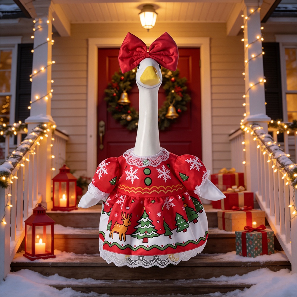 European Style Christmas Skirt Costume Set, All-Season Transform Outfit for 23 Inch Large White Porch Goose Statue - Image 4