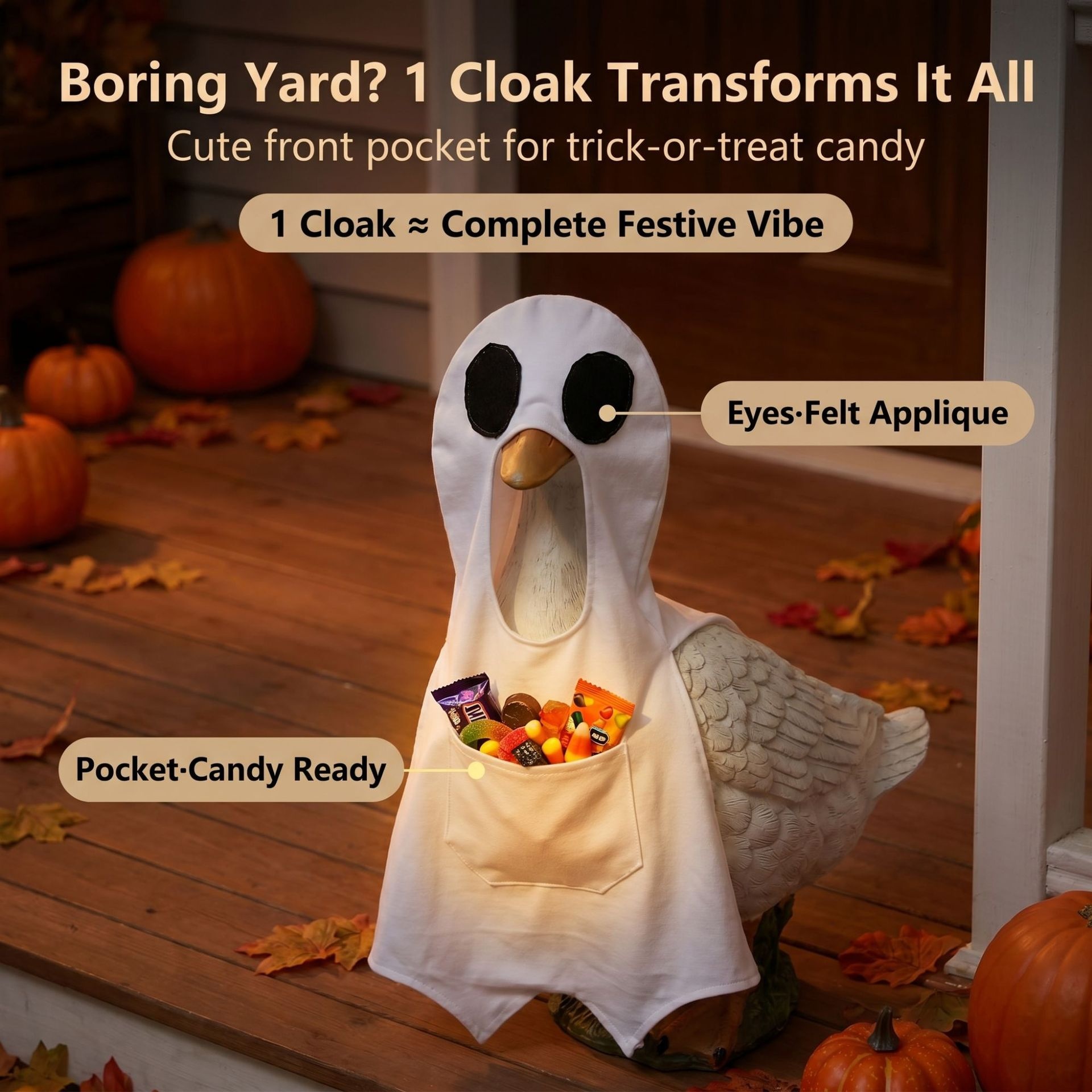White Ghost Costume for 23 Inch Porch Goose Statues, Minimalist Polyester Halloween Lawn Goose Decor Outfit - Image 4