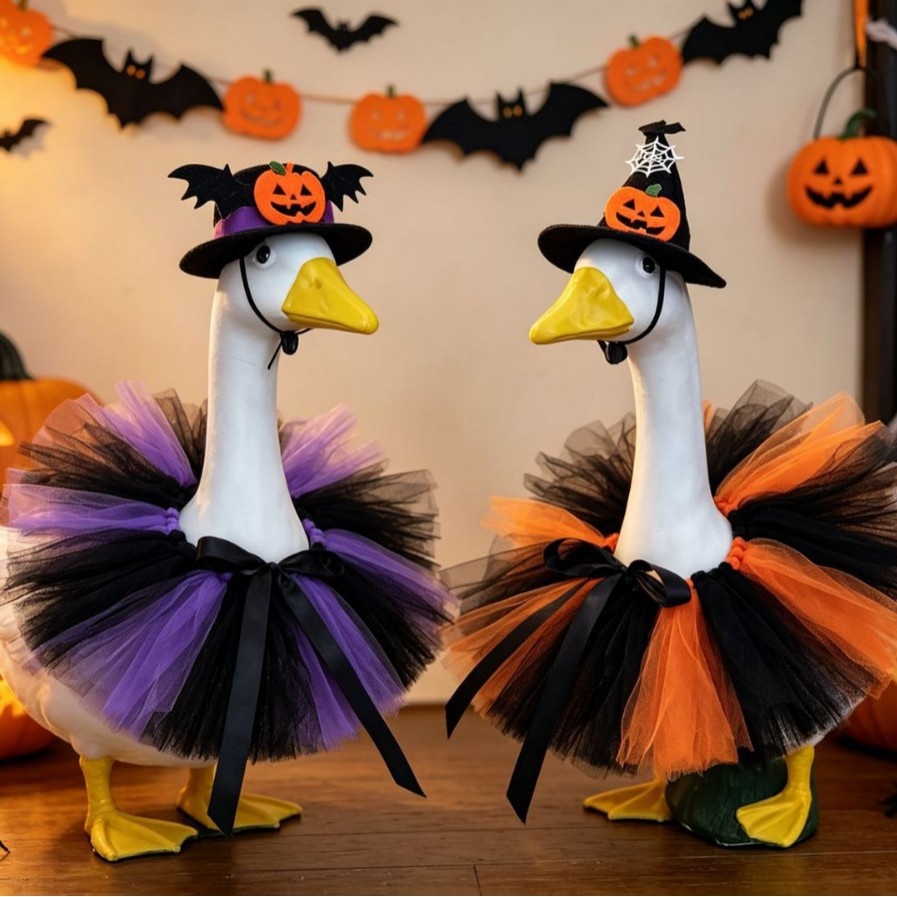 Halloween Rainbow Crown Skirt Porch Goose Costume, Bee Style Cloth Outfit in Orange & Purple for 23 Inch Cement Yard - Image 4