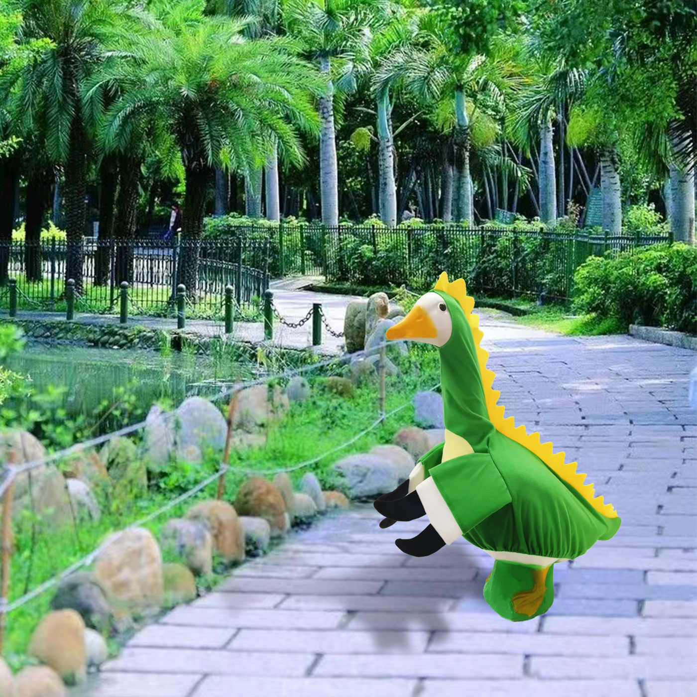 Handmade Pastoral Dinosaur Porch Goose Outfits, Wearable Cloth Outfit in Green & Orange for 23 Inch Yard Goose Statue - Image 3