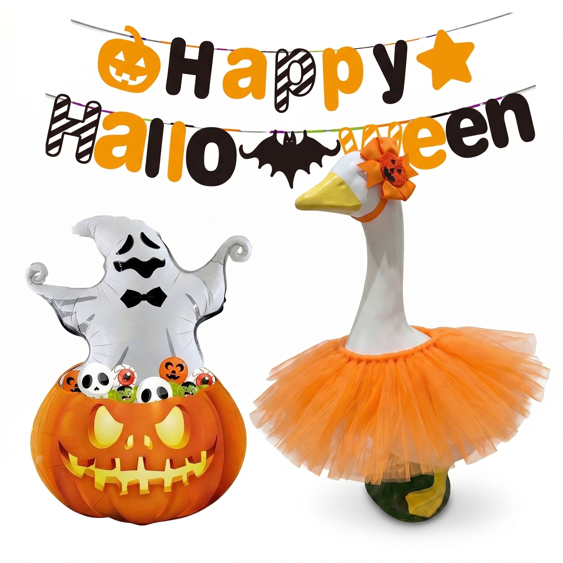 Halloween Tutu Skirt Outfit Set for 23 Inch Porch Goose Statues, Headpiece, Skirt, Decor Flag & Pumpkin Balloon Garden Lawn Goose Costume - Image 3