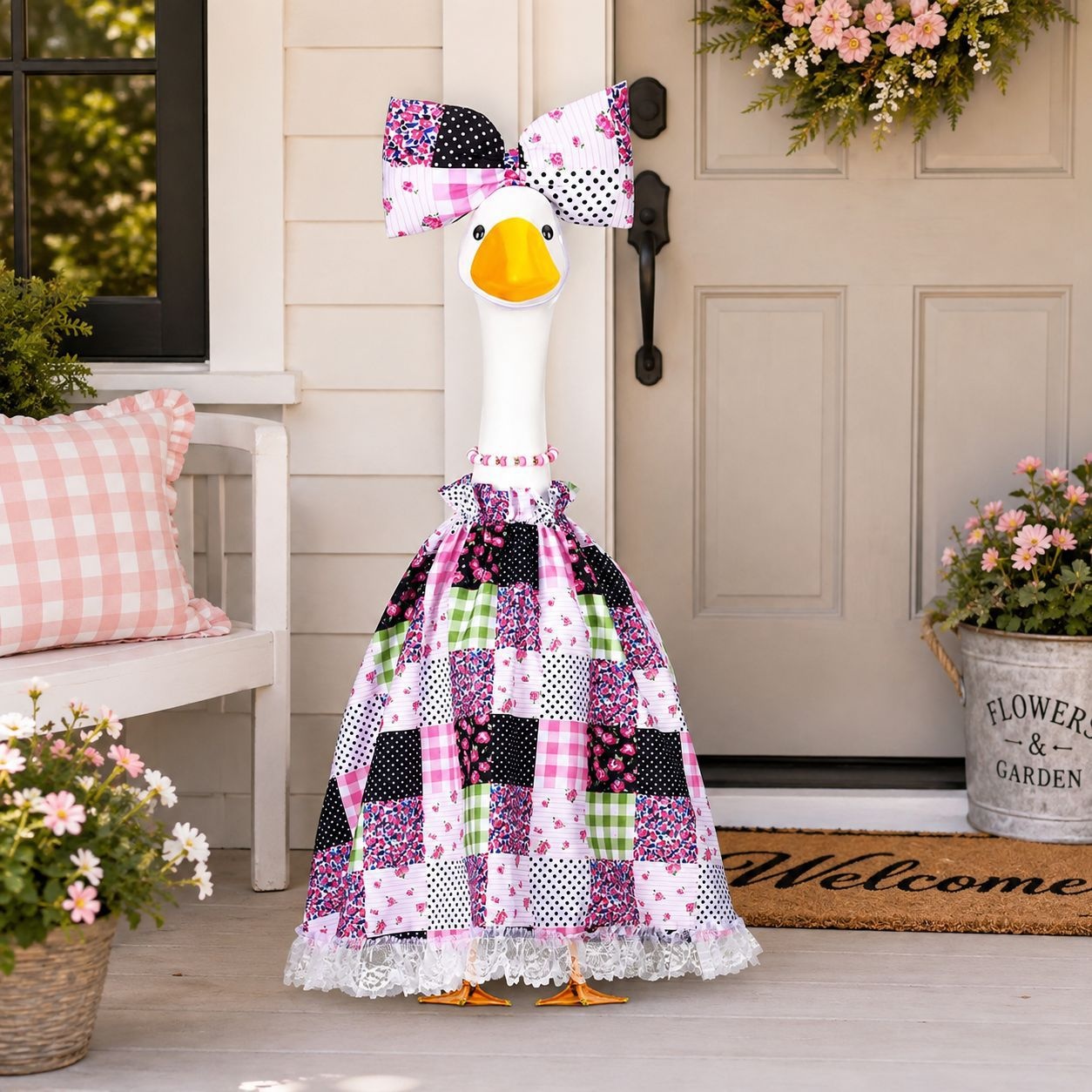 Patchwork Floral Lace Porch Goose Dress, Holiday Decor Clothes for Outdoor Yard Goose Figurine