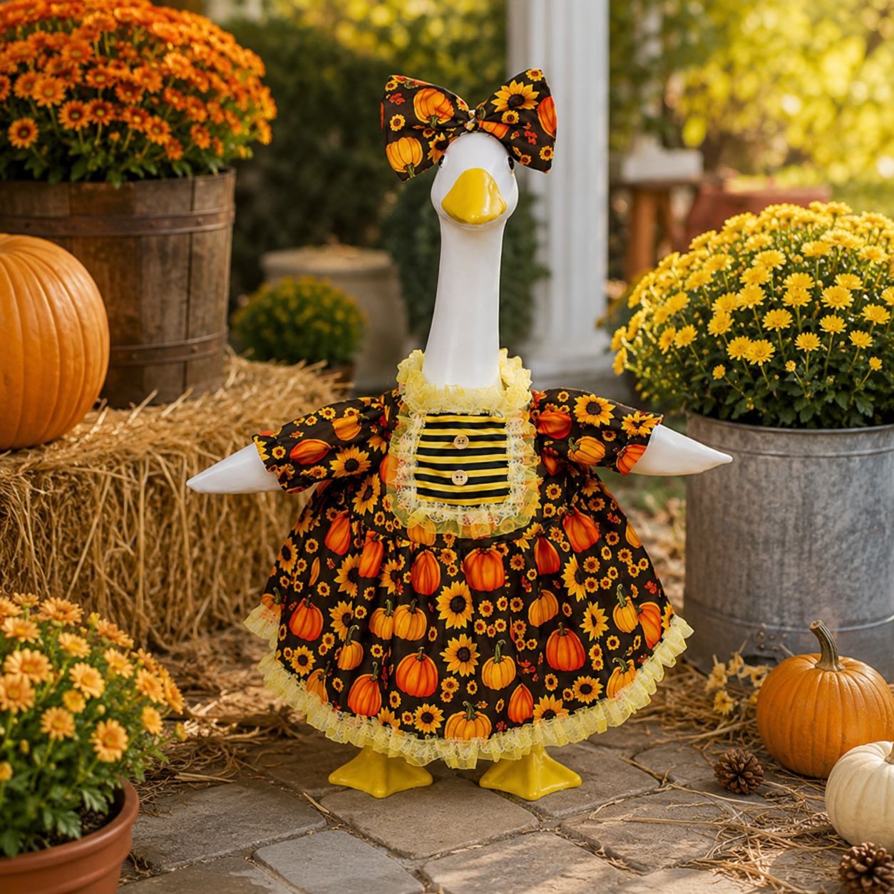 Thanksgiving Pumpkin Maple Leaf Porch Goose Costume Set, Bow-knot Dress Outfit for 23 Inch Goose Statue Yard Decoration