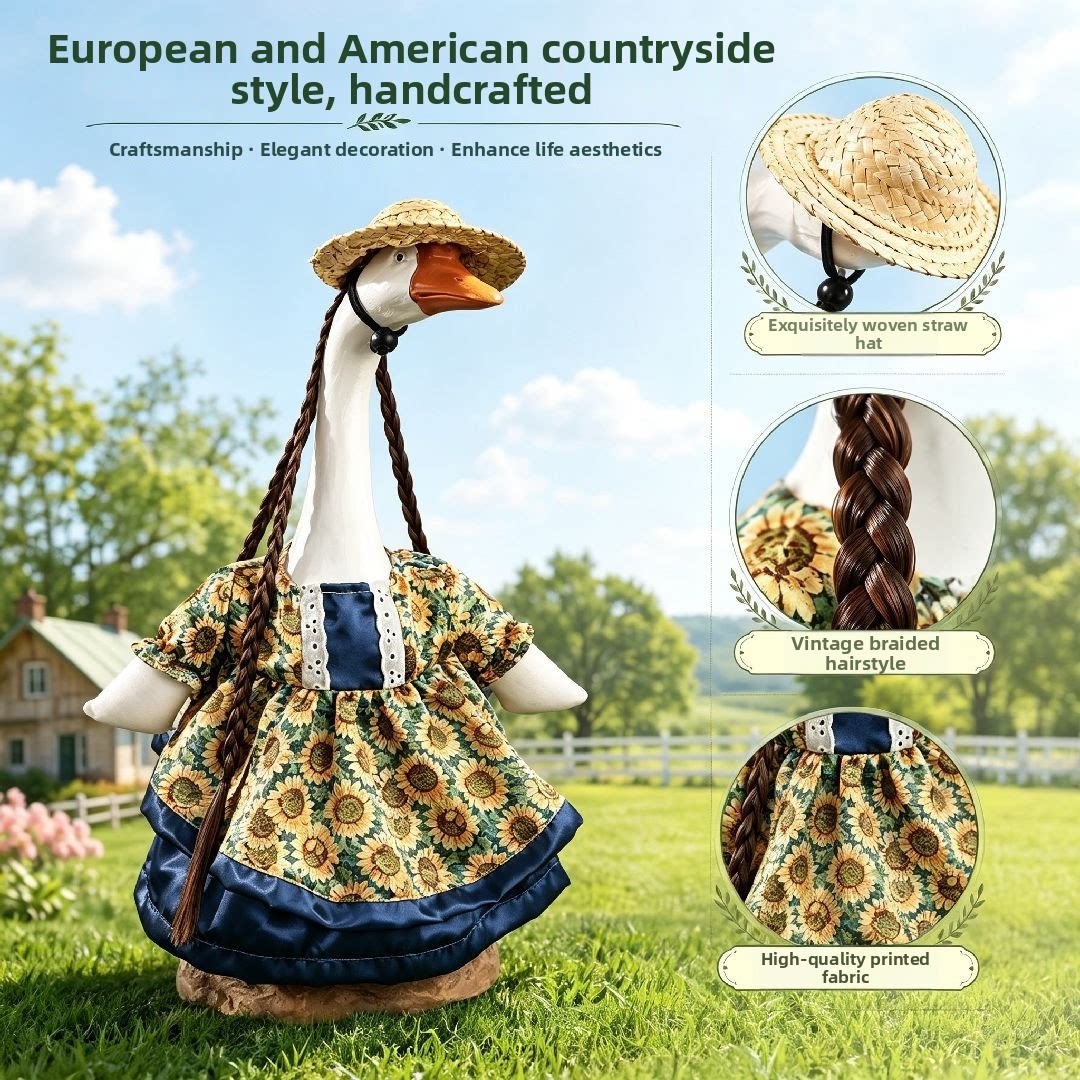 European American Pastoral Porch Goose Outfit with Straw Hat, Summer Floral Costume for 17 & 23 Inch White Goose Ornament
