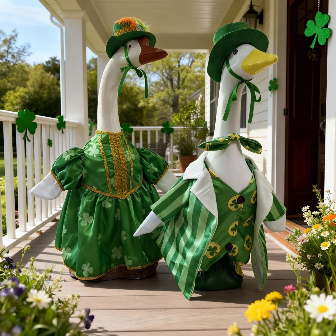 St. Patrick's Day Porch Goose Couple Outfit, Skirt & Suit Costume for 23 Inch Simulated White Goose Ornament