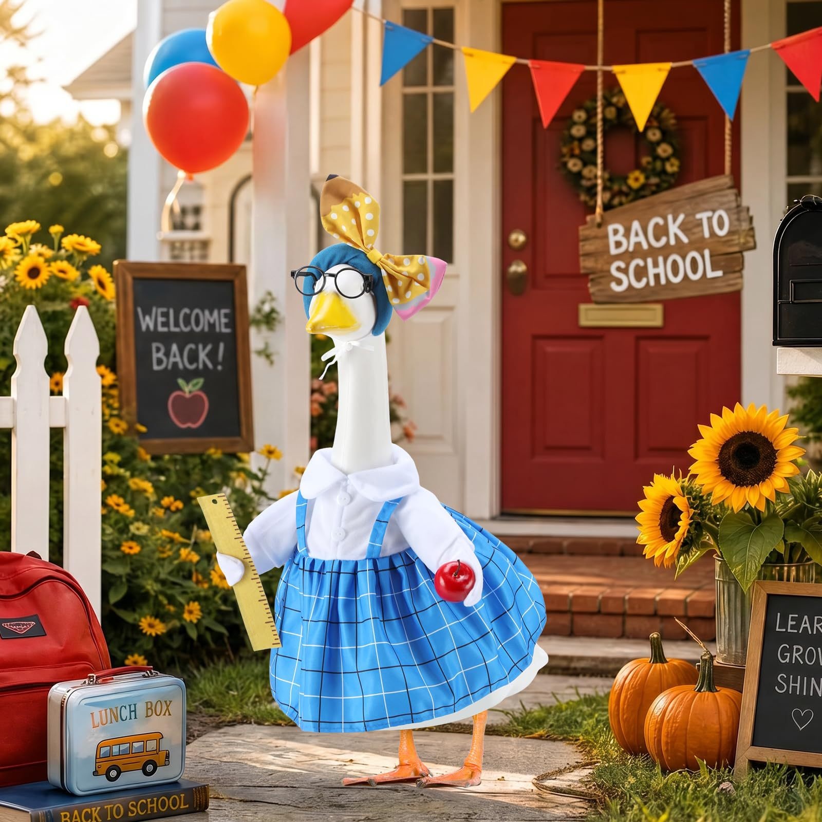 New Blue Plaid Printed Cami Porch Goose Outfit Set, Graduation‑themed Costume for 23 Inch Goose Figurine Holiday Decor - Image 2