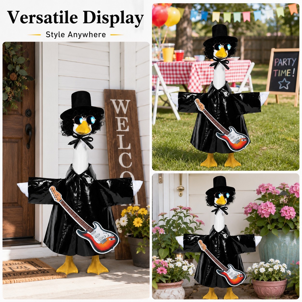 American Rock Guitarist Porch Goose Costume Set, Hat Wig Sunglasses Outfit for 23 Inch Yard Goose Statue Decor - Image 2