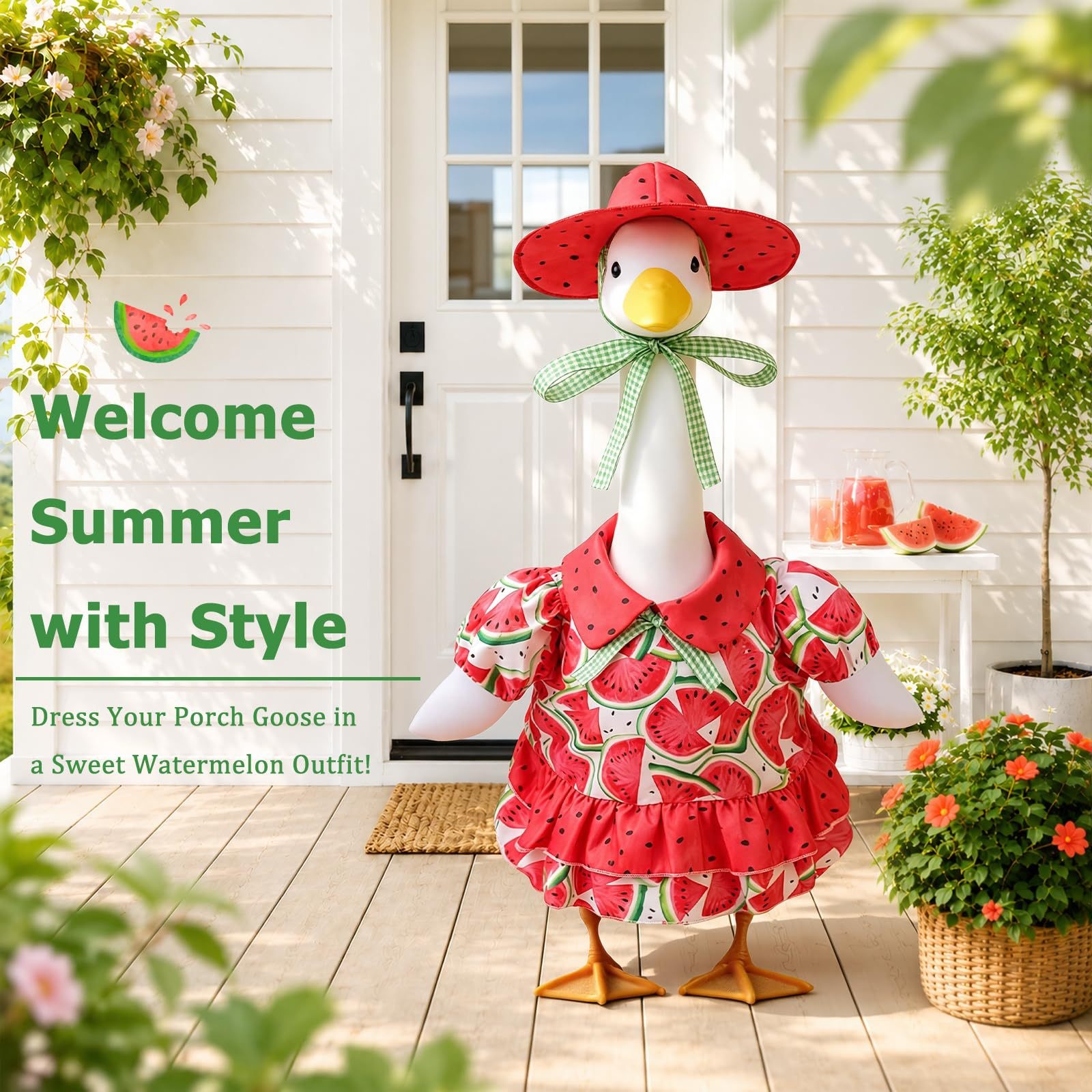 New Summer Watermelon Print Porch Goose Dress, Pastoral-Style Costume for 23 Inch Outdoor Yard Lawn Goose Statue Decor - Image 2