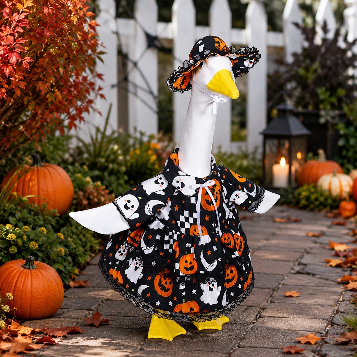 23 Inch Porch Goose Pumpkin Ghost Dress Costume, Halloween Yard Porch Decoration for Goose Statue - Image 2
