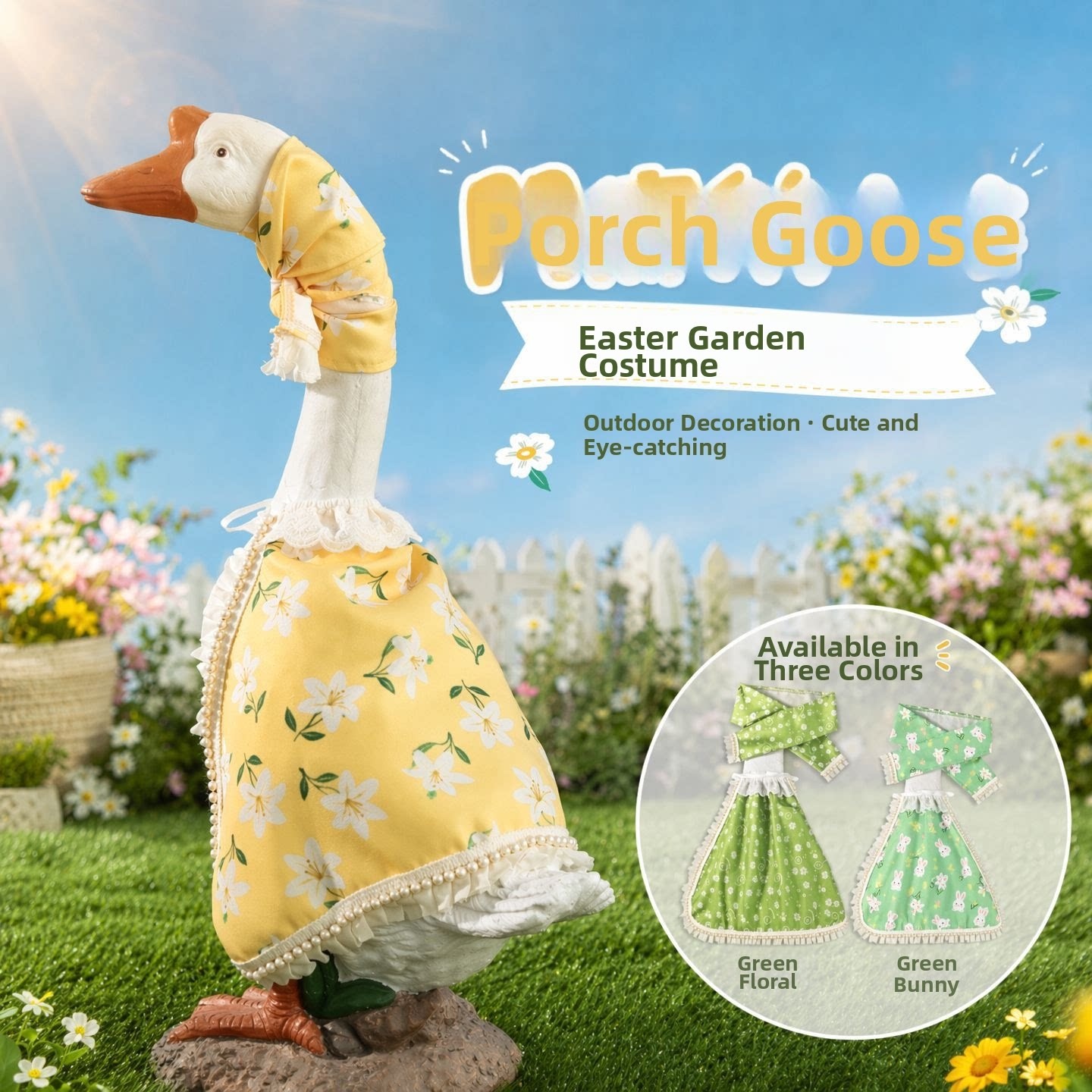 Rural Style Porch Goose Outfit with Straw Hat, Summer Country Costume for 17 & 23 Inch White Goose Decor - Image 2