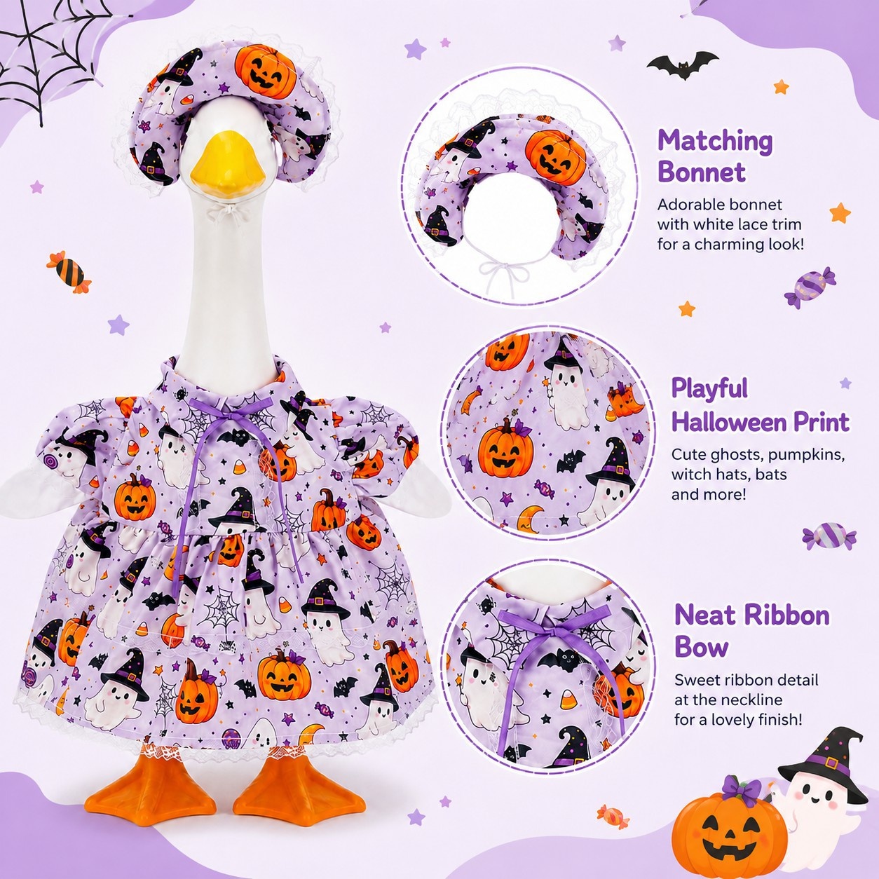 New Halloween Porch Goose Outfit Set, Purple Pumpkin Goose Clothes for Outdoor Yard Decor - Image 5