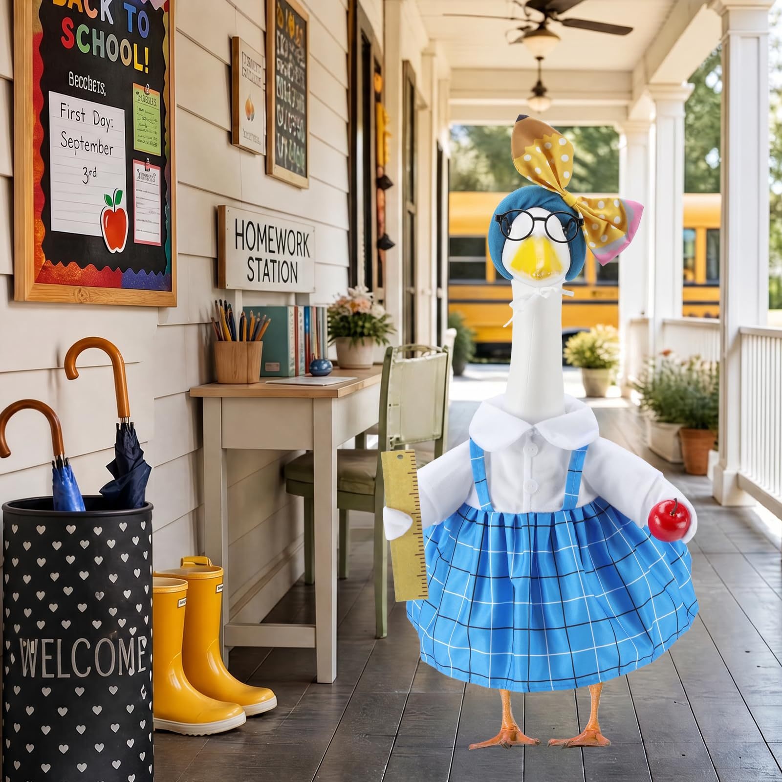 New Blue Plaid Printed Cami Porch Goose Outfit Set, Graduation‑themed Costume for 23 Inch Goose Figurine Holiday Decor - Image 5