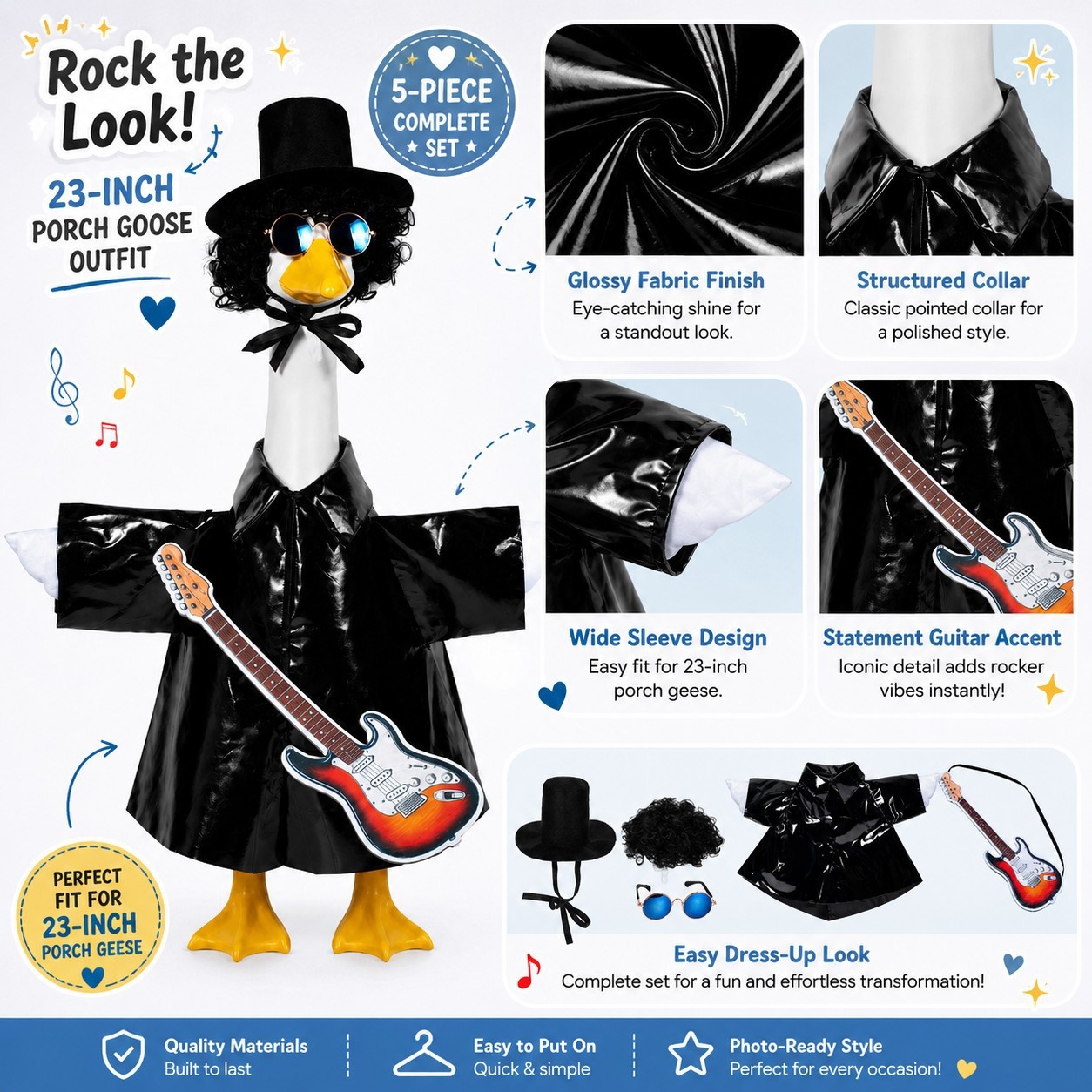 American Rock Guitarist Porch Goose Costume Set, Hat Wig Sunglasses Outfit for 23 Inch Yard Goose Statue Decor - Image 5