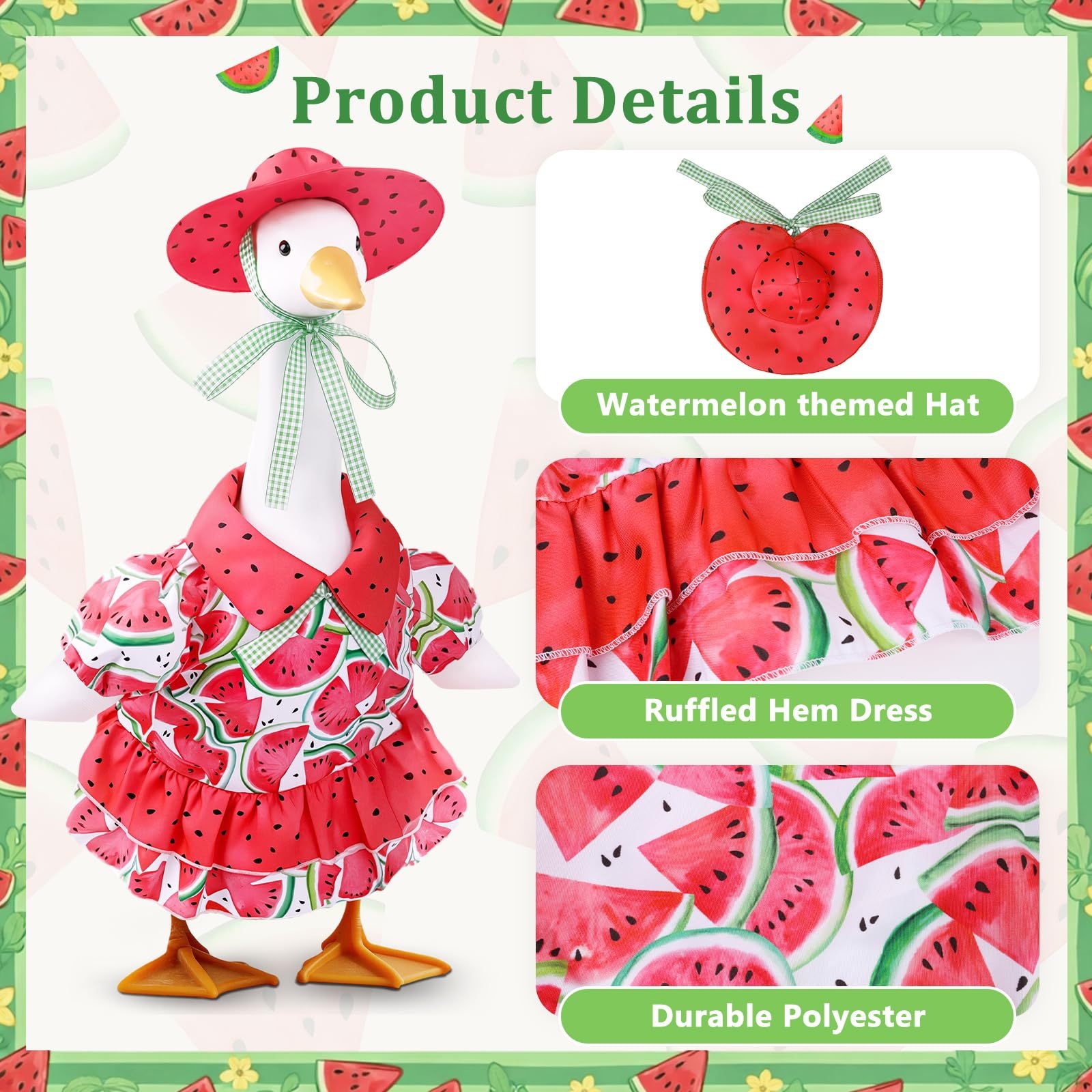 New Summer Watermelon Print Porch Goose Dress, Pastoral-Style Costume for 23 Inch Outdoor Yard Lawn Goose Statue Decor - Image 5