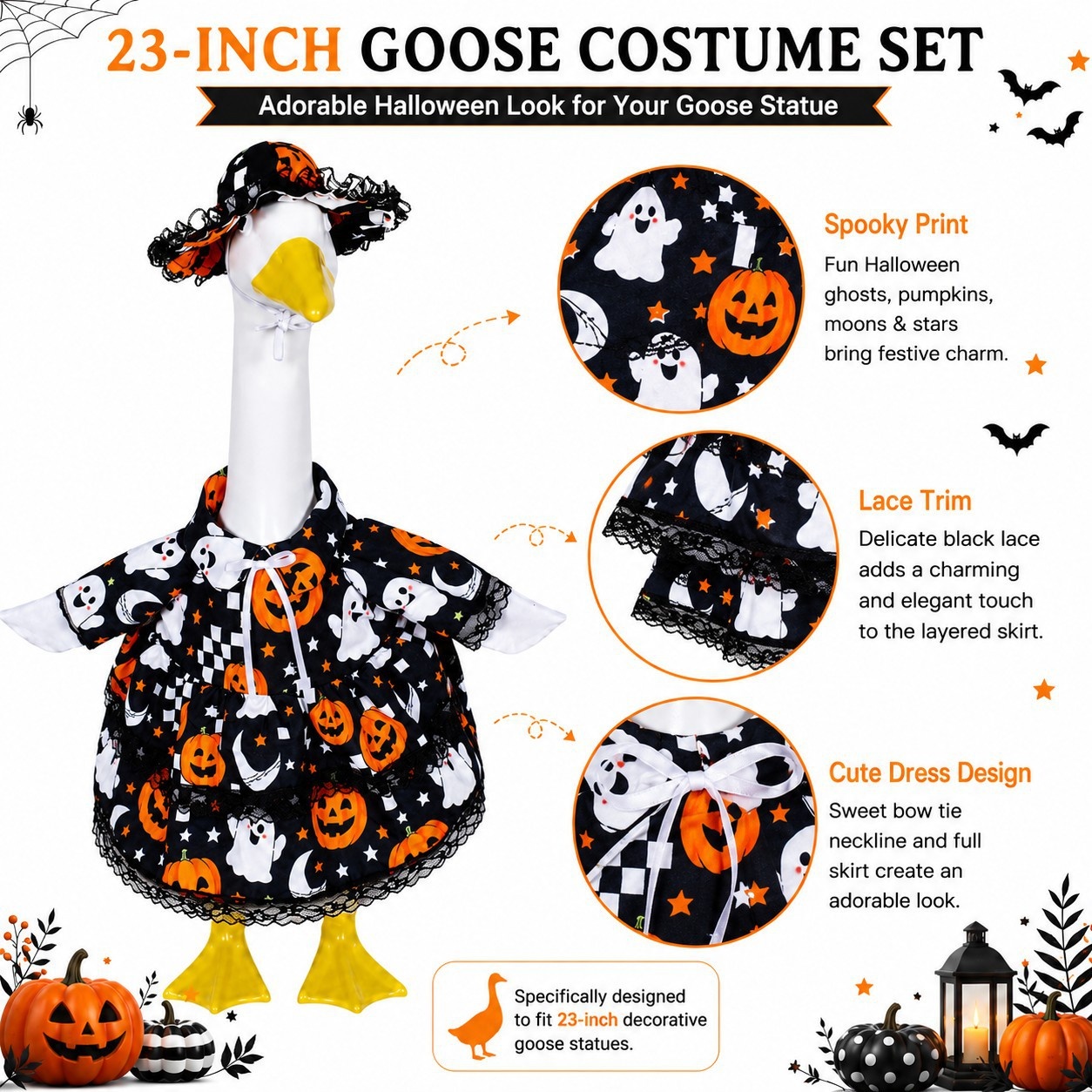 23 Inch Porch Goose Pumpkin Ghost Dress Costume, Halloween Yard Porch Decoration for Goose Statue - Image 5