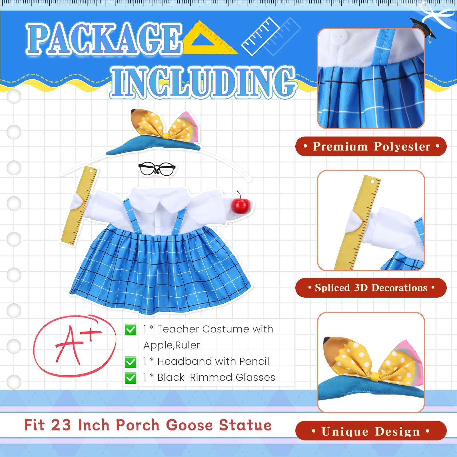 New Blue Plaid Printed Cami Porch Goose Outfit Set, Graduation‑themed Costume for 23 Inch Goose Figurine Holiday Decor - Image 4