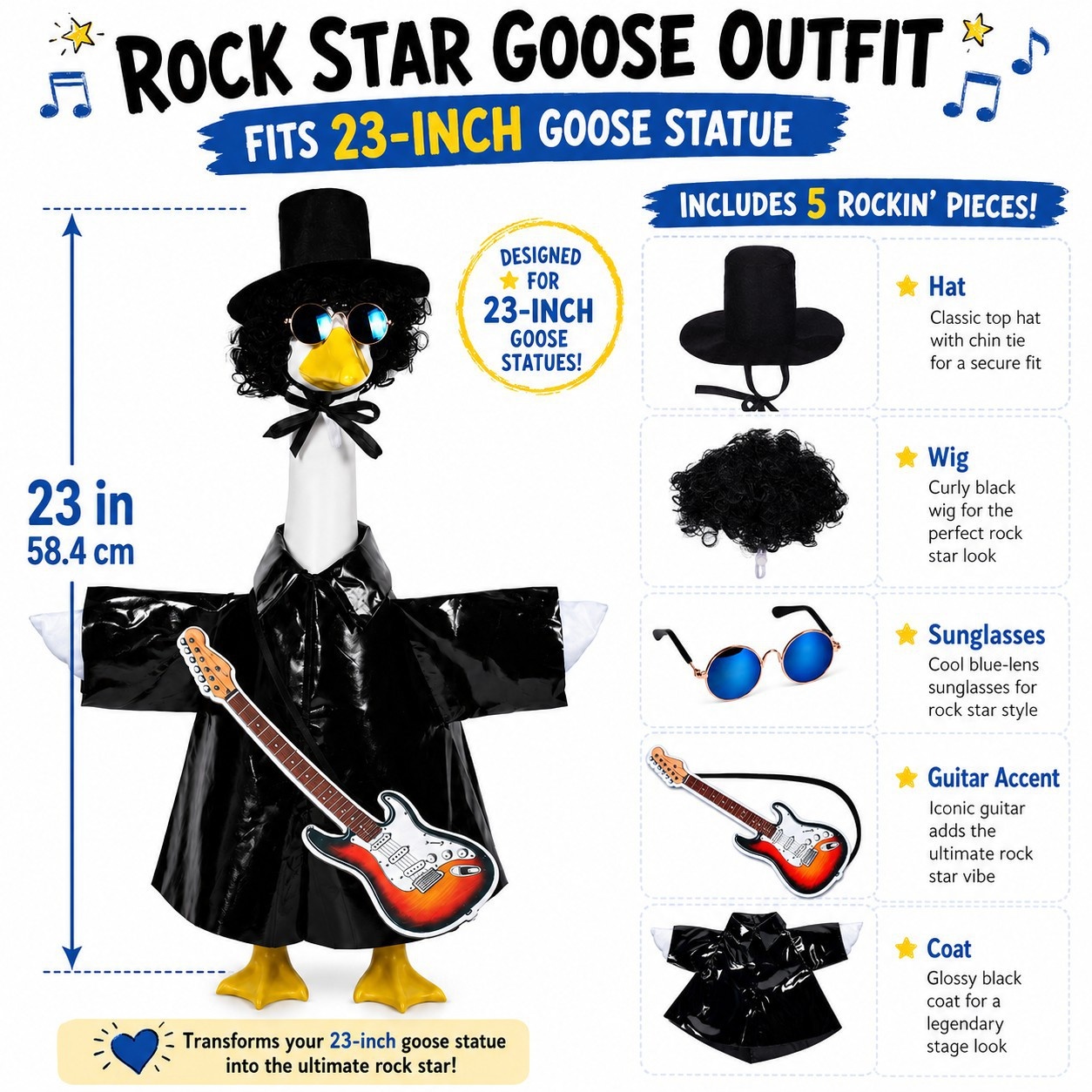 American Rock Guitarist Porch Goose Costume Set, Hat Wig Sunglasses Outfit for 23 Inch Yard Goose Statue Decor - Image 4