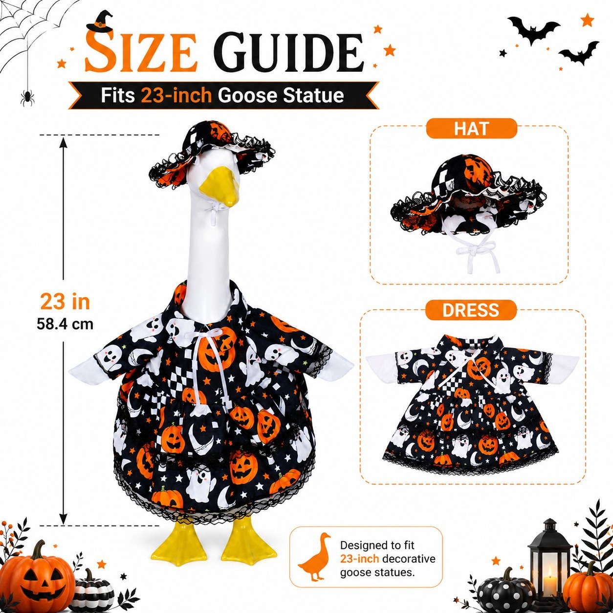 23 Inch Porch Goose Pumpkin Ghost Dress Costume, Halloween Yard Porch Decoration for Goose Statue - Image 4