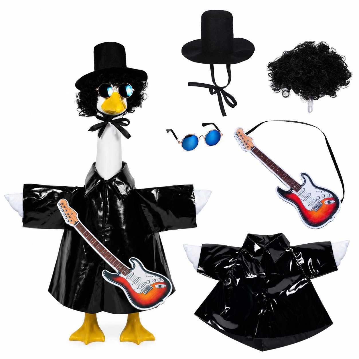 American Rock Guitarist Porch Goose Costume Set, Hat Wig Sunglasses Outfit for 23 Inch Yard Goose Statue Decor - Image 3