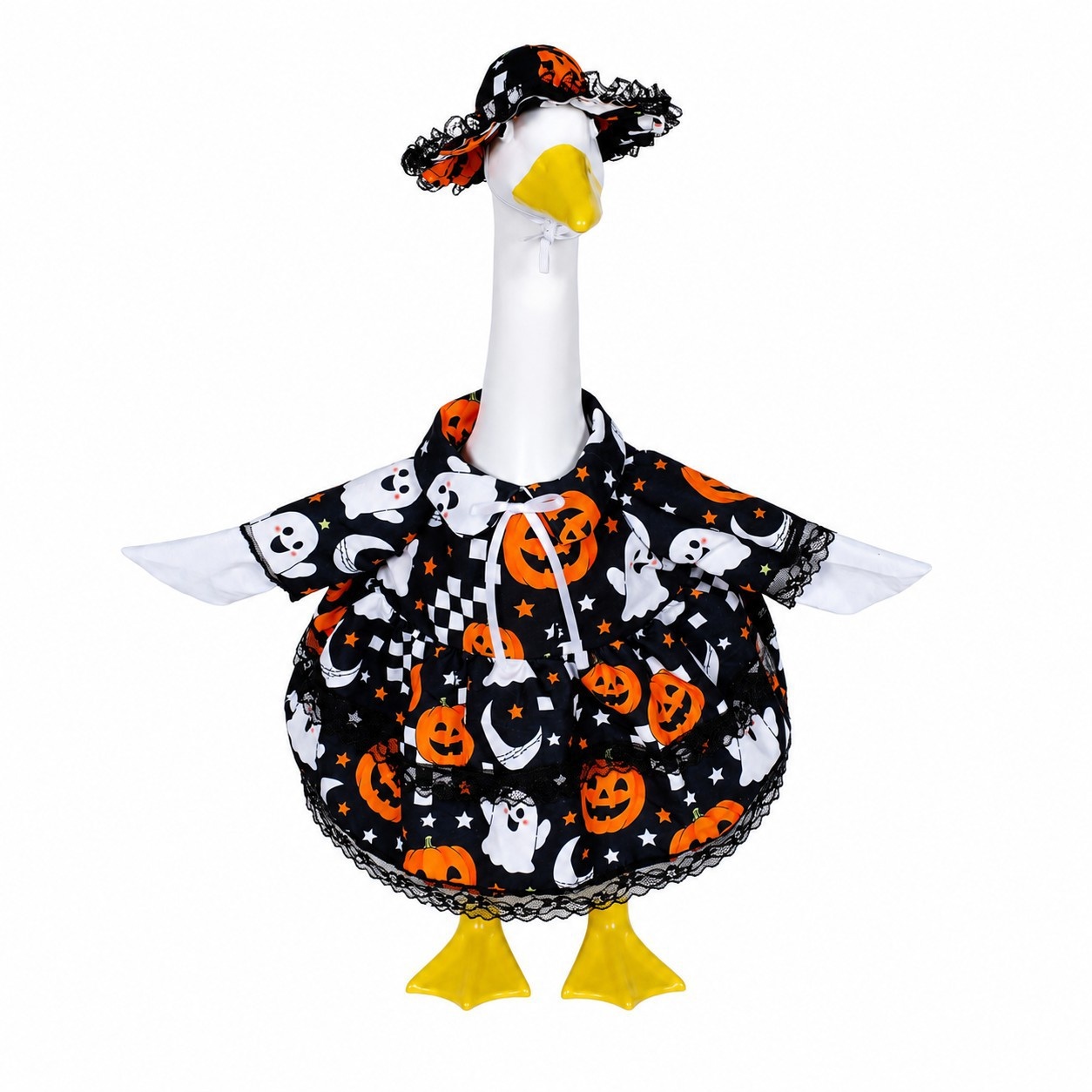 23 Inch Porch Goose Pumpkin Ghost Dress Costume, Halloween Yard Porch Decoration for Goose Statue - Image 3