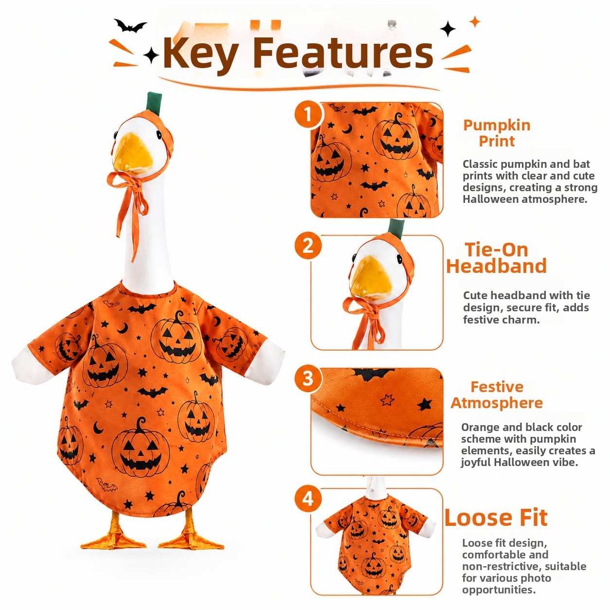 Halloween Pumpkin Bat Porch Goose Outfit, 23 Inch Goose Costume for Outdoor Yard Lawn Decoration