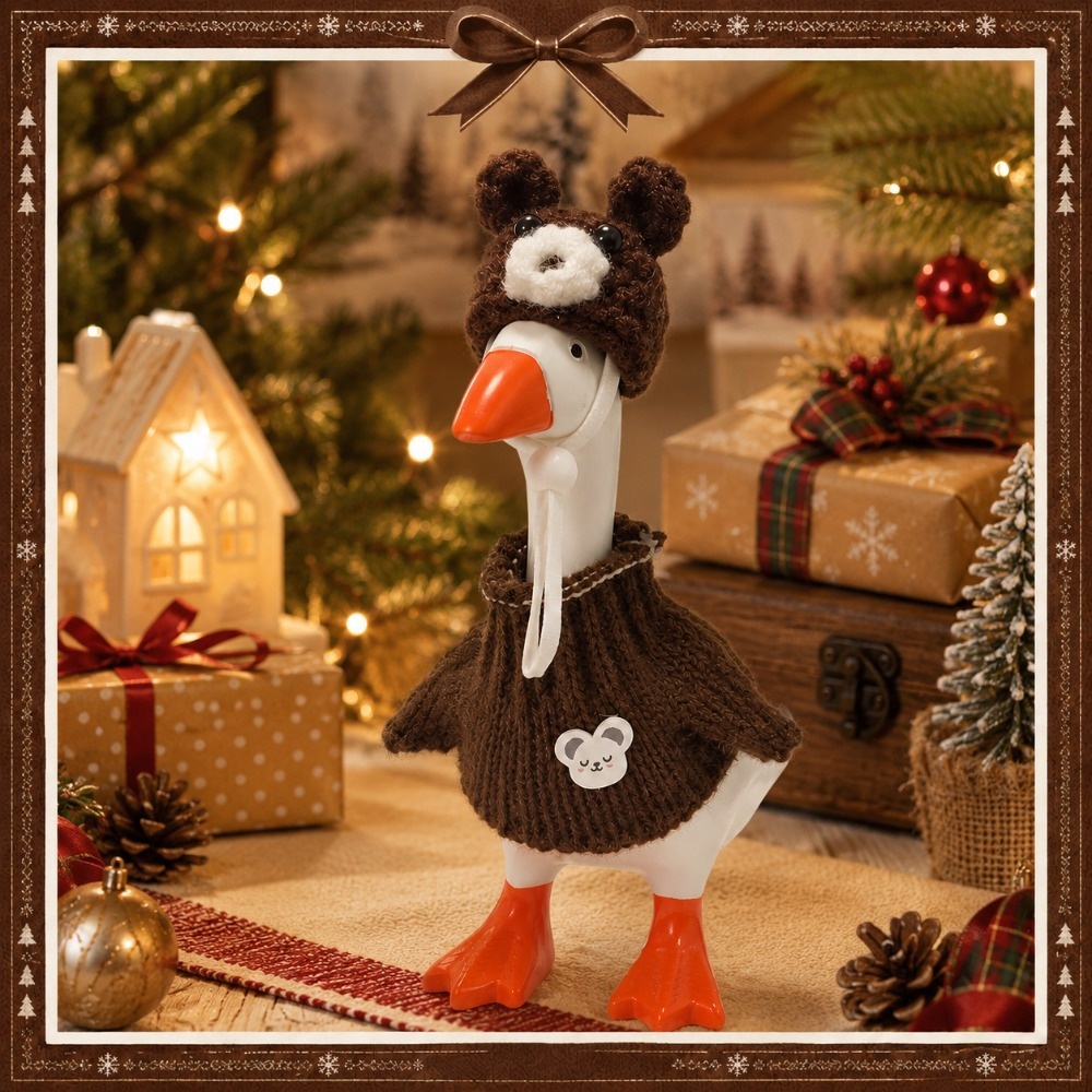 7 Inch Porch Goose Outfit, Brown Bear Hat Hand Knitted Costume, Animal Dress-up Set for Holiday Celebration