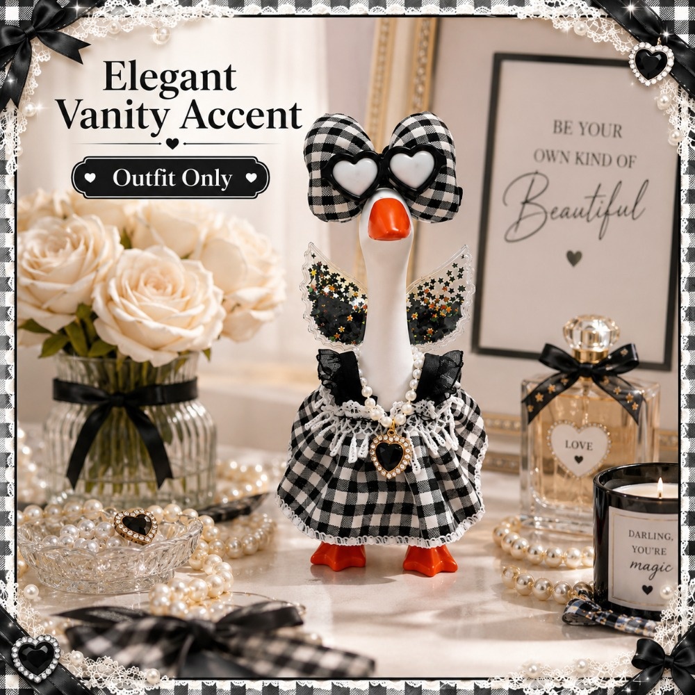 7 Inch Porch Goose Outfit, Black White Checkered Dress with Heart Sunglasses, Hand Sewn Costume Set for Holiday Decor