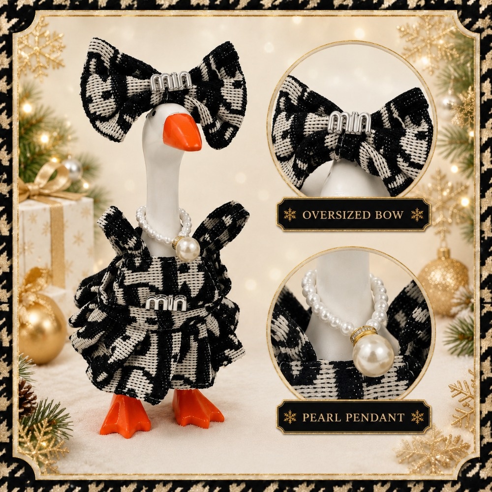7 Inch Porch Goose Outfit, Black Messy Texture Costume with Bow, Hand Knitted Set for Holiday Celebration