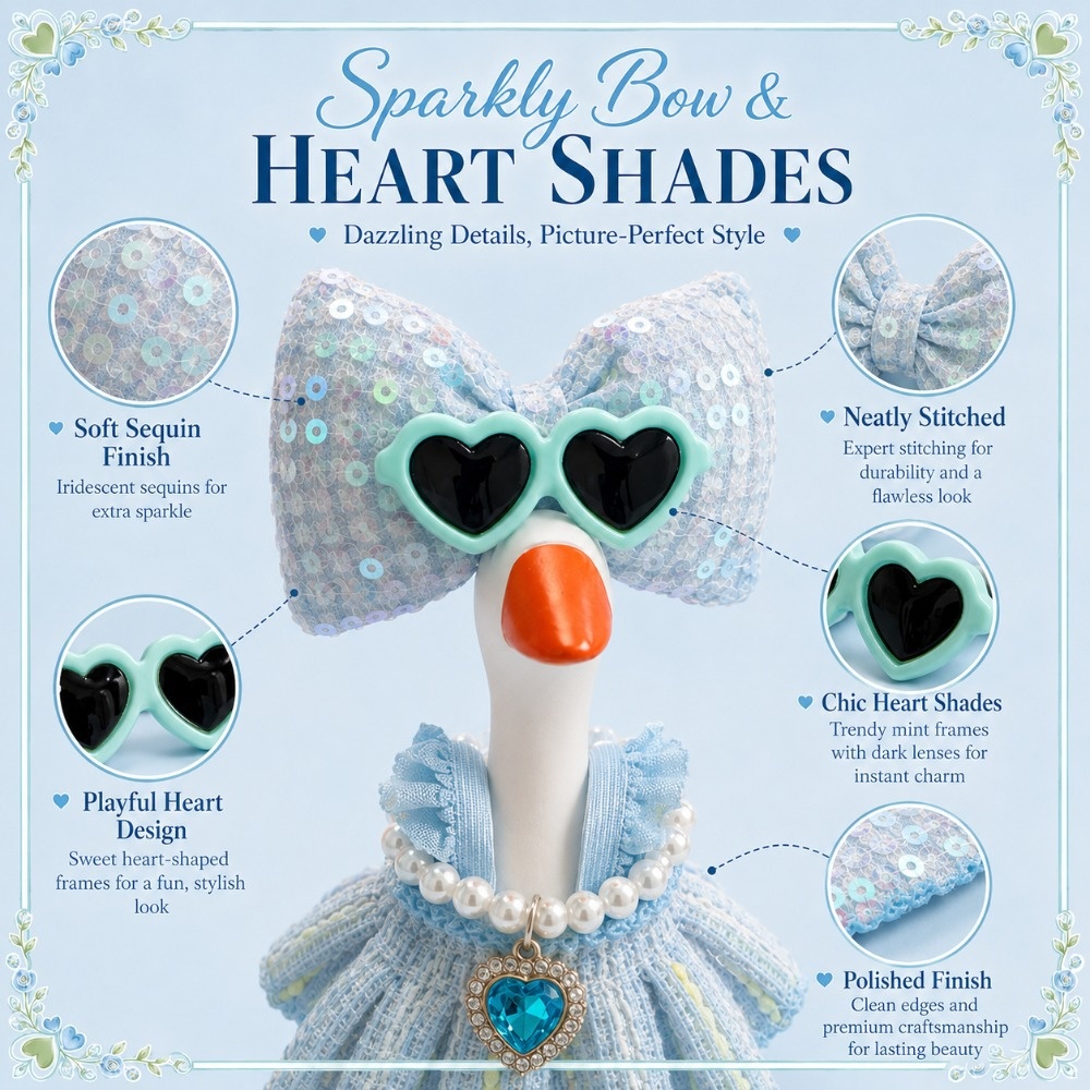 7 Inch Porch Goose Outfit, Blue Textured Dress with Heart Sunglasses, Hand Sewn Costume Set for Holiday Celebration