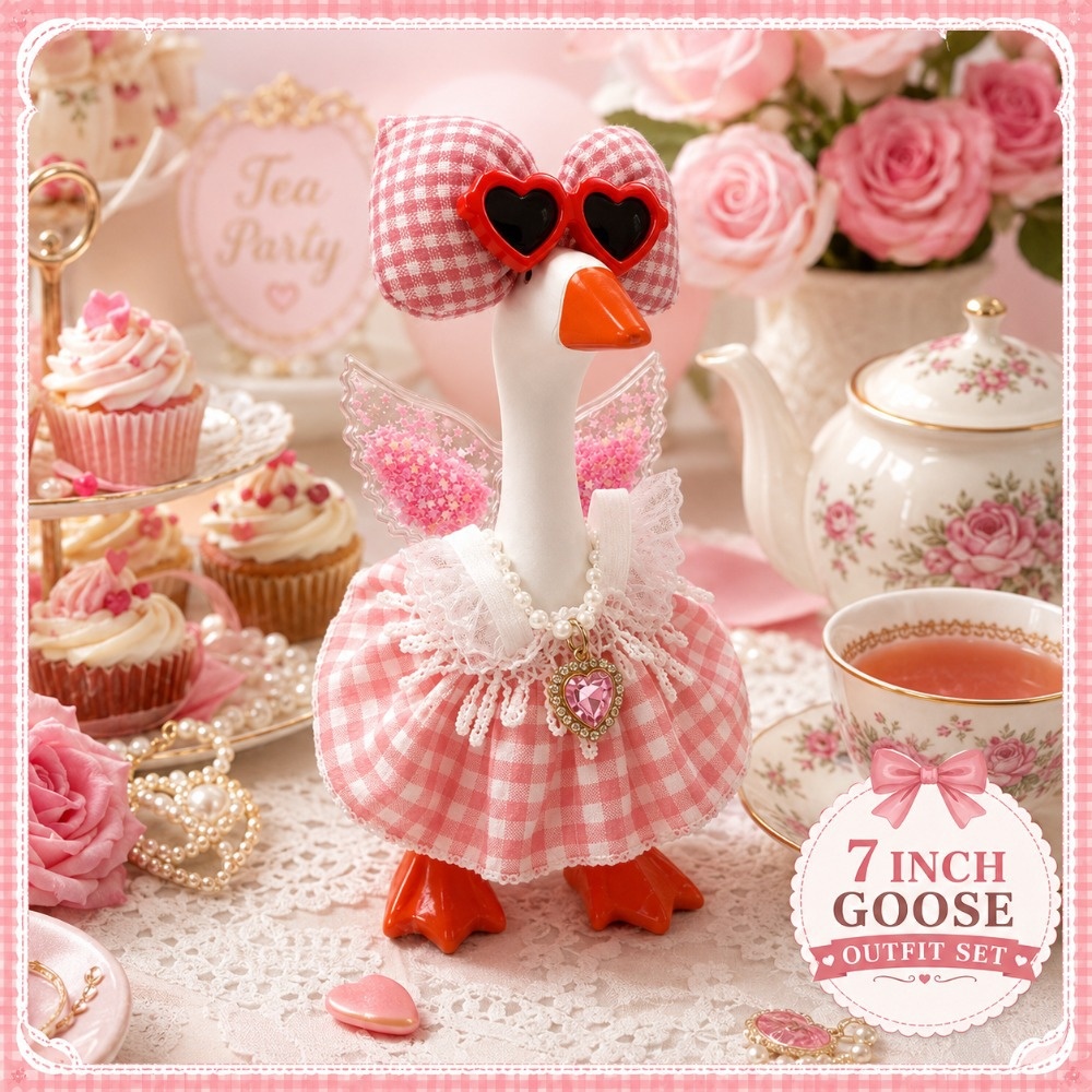 7 Inch Porch Goose Outfit, Pink Checkered Texture Dress with Heart Sunglasses, Exquisite Hand Sewn Costume Set