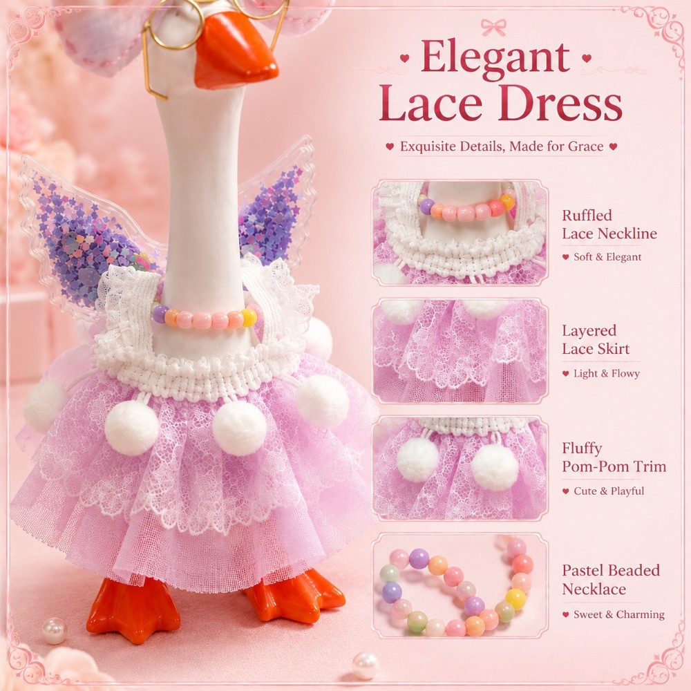 7 Inch Porch Goose Outfit, Purple Bubble Dress with Big Bow & Wings, Exquisite Hand Sewn Costume Set