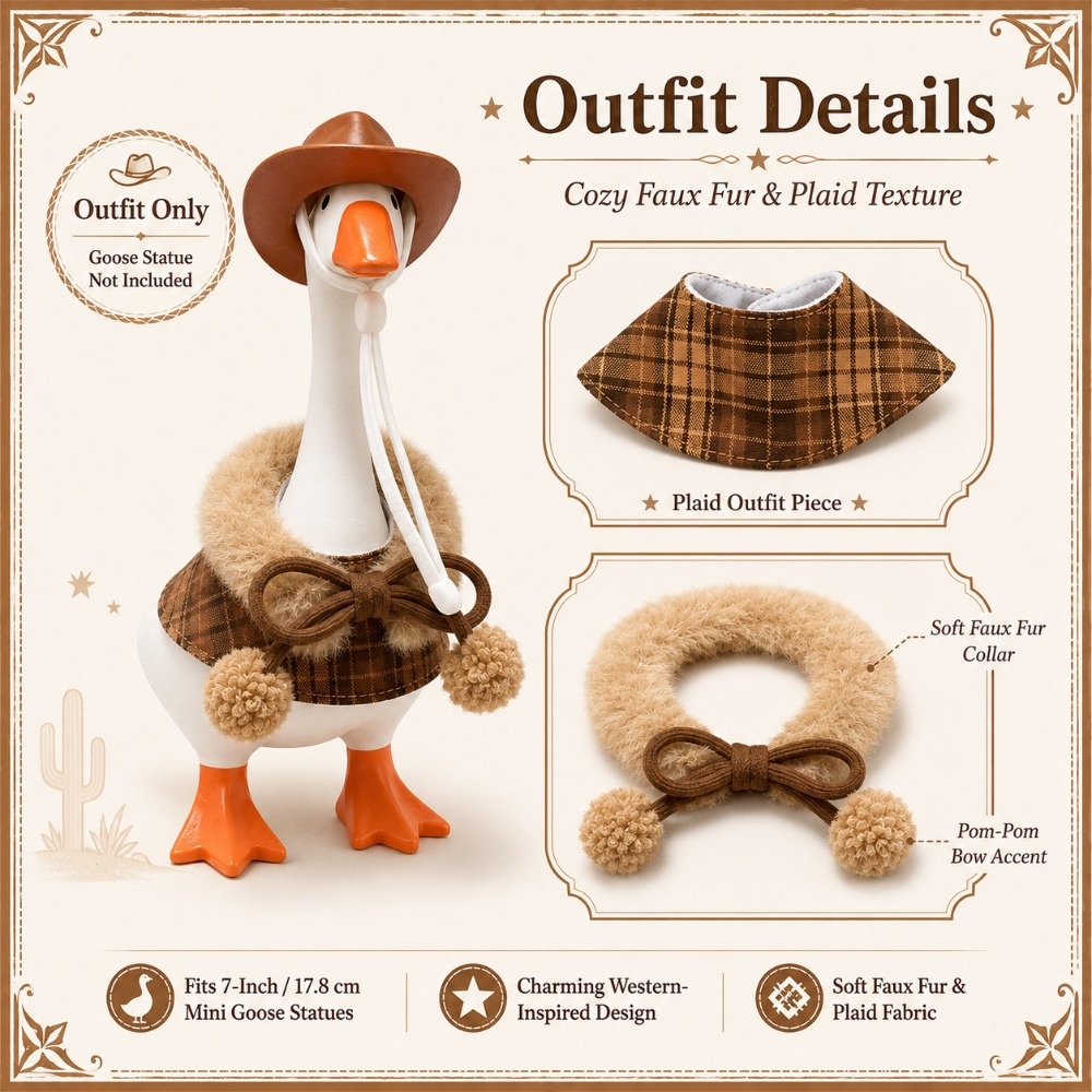 7 Inch Porch Goose Outfit, Brown Cowboy Hat & Winter Scarf Set, Office & Holiday Hand Knitted Costume