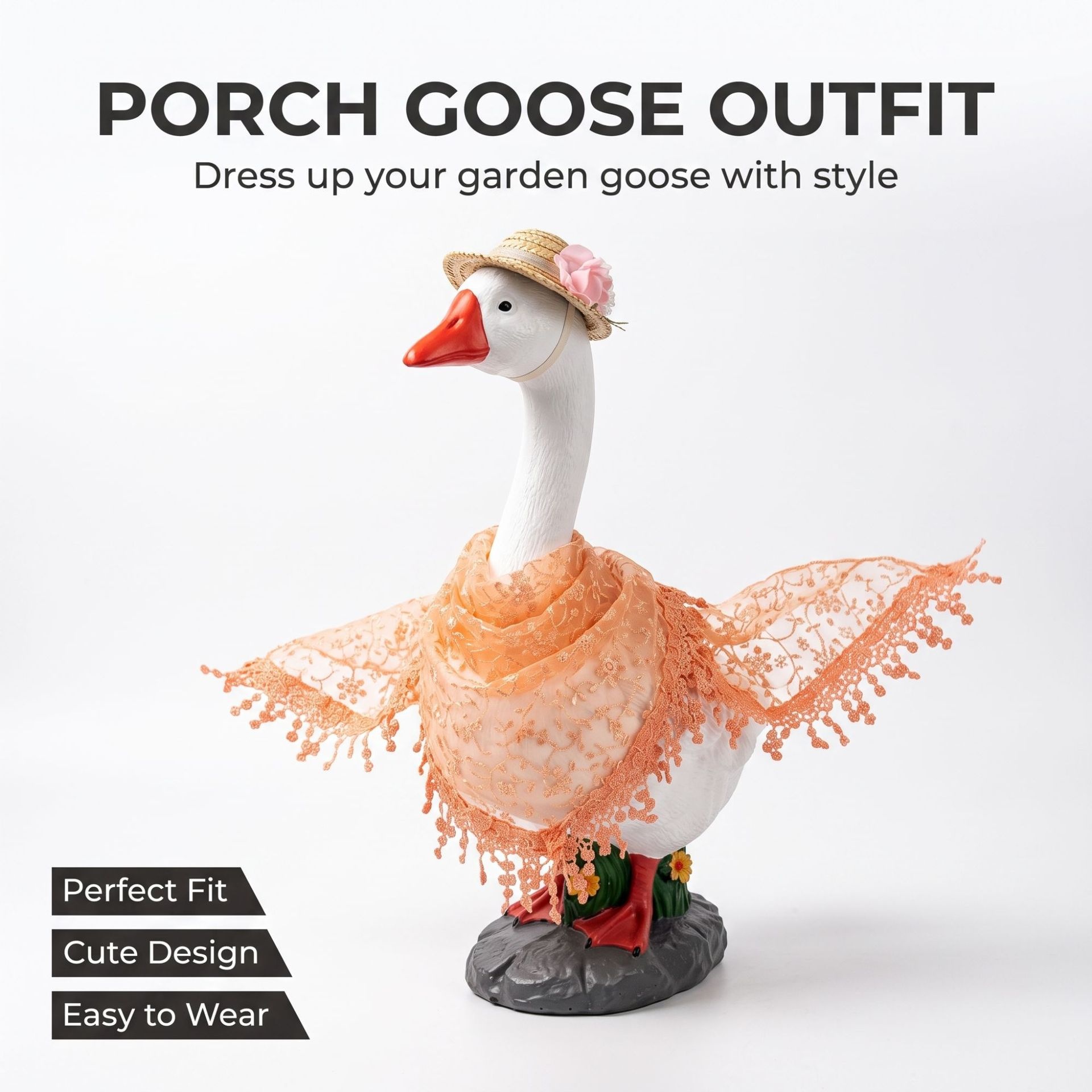 23 Inch Porch Goose Outfit, New Lawn Goose Garden Straw Hat Skirt Set with Scarf