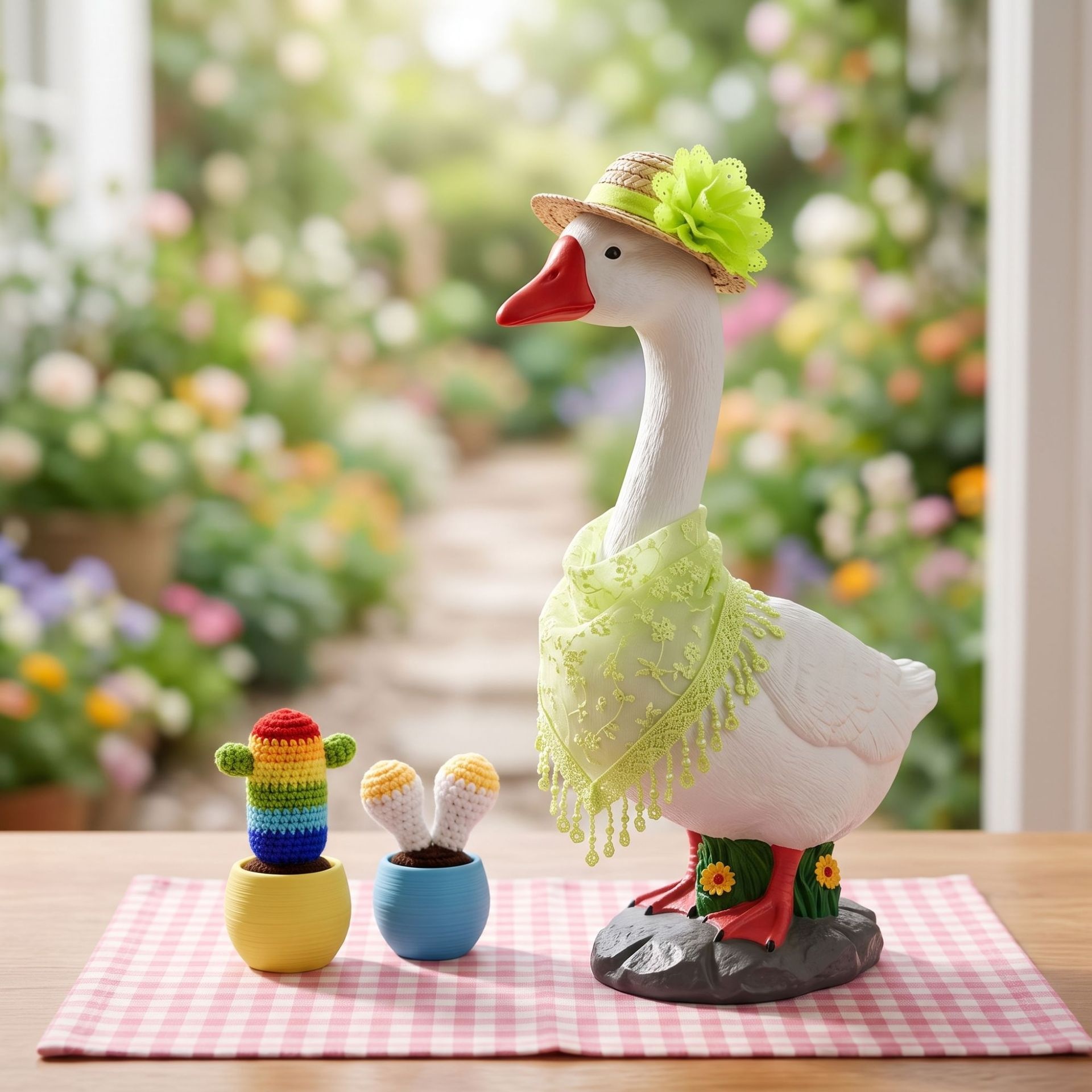 23 Inch Porch Goose Outfit, New Lawn Goose Garden Straw Hat Skirt Set with Scarf, Cactus & Mushroom Props