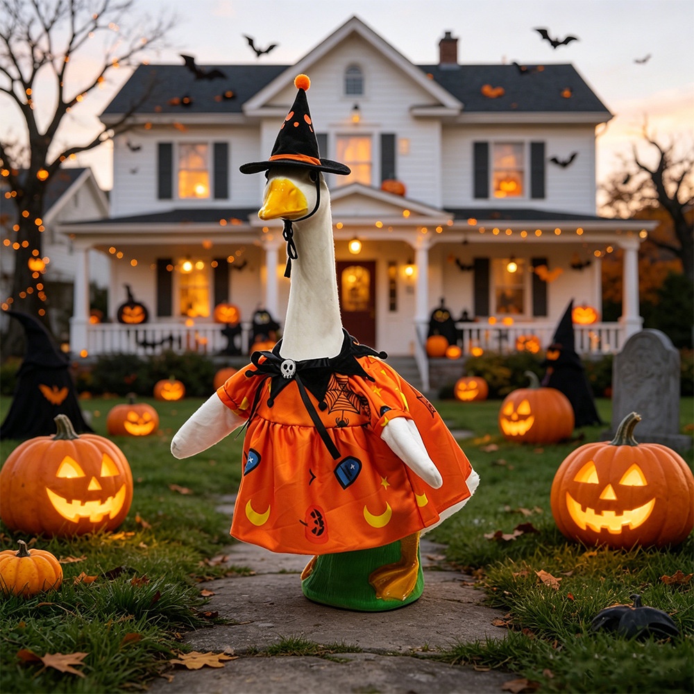New Porch Goose Halloween Costume, Black Wizard Hat & Orange Outfit Set for Large White Goose Statue