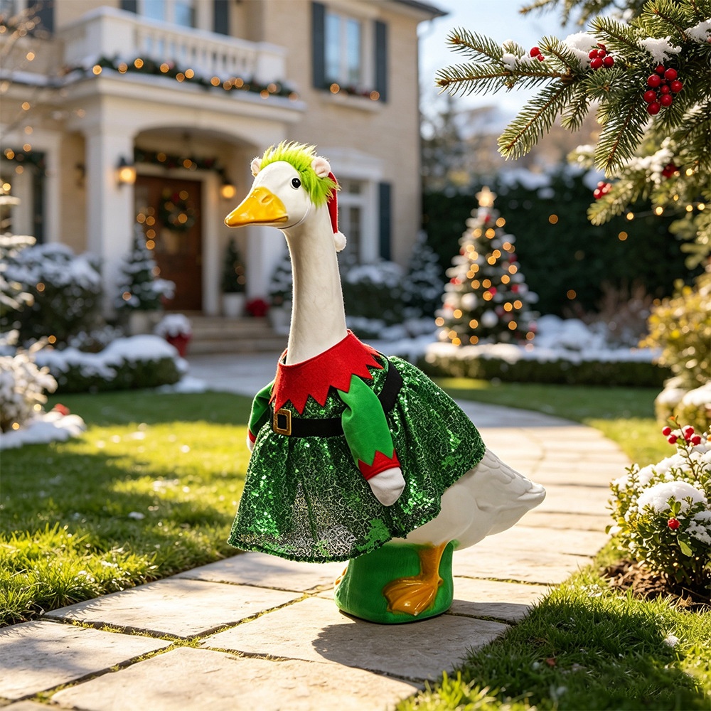 New Porch Goose Christmas Outfit, Green Sequin Elf Costume Set for Large White Goose Statue