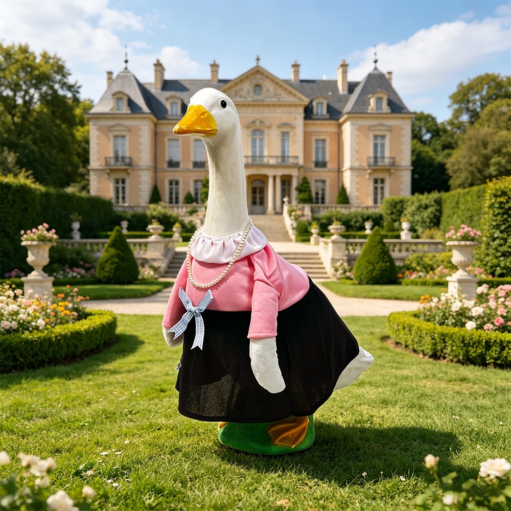 New Porch Goose Outfit, Pink Noble Lady Costume with Pearl Necklace for Large White Goose Statue