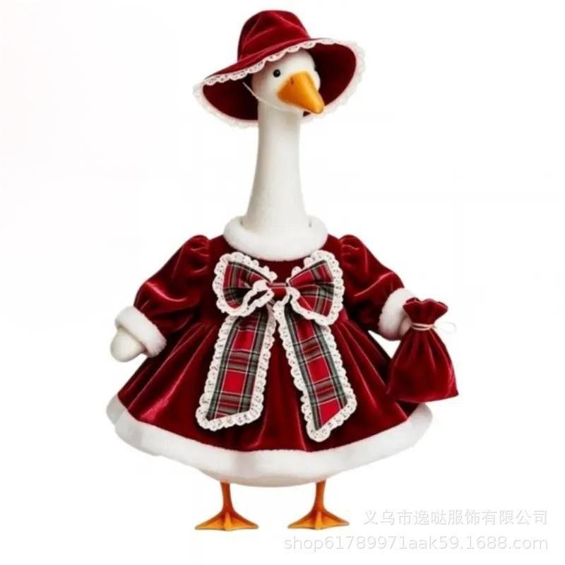 Christmas Porch Goose Costume, Red Velvet Lace Plaid Lawn Goose Outfit for Yard Holiday Decor