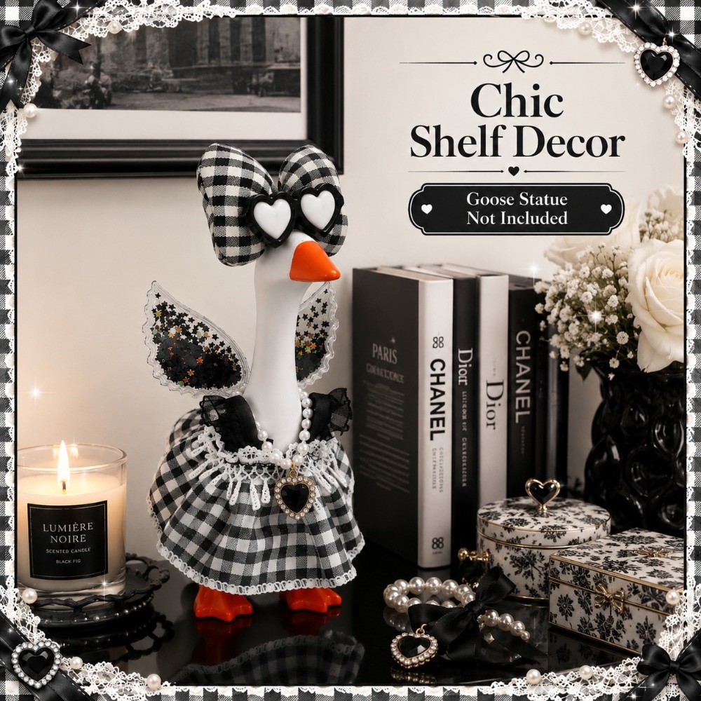 7 Inch Porch Goose Outfit, Black White Checkered Dress with Heart Sunglasses, Hand Sewn Costume Set for Holiday Decor - Image 2