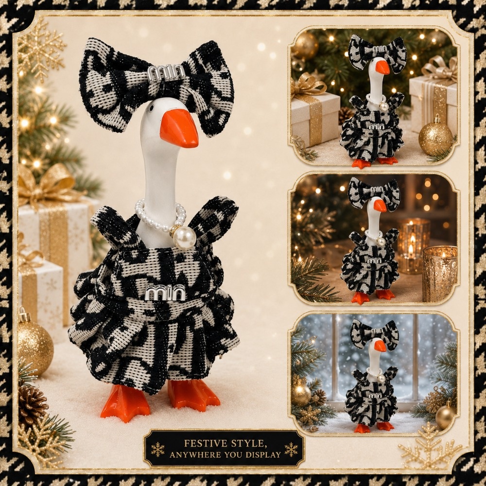 7 Inch Porch Goose Outfit, Black Messy Texture Costume with Bow, Hand Knitted Set for Holiday Celebration - Image 2