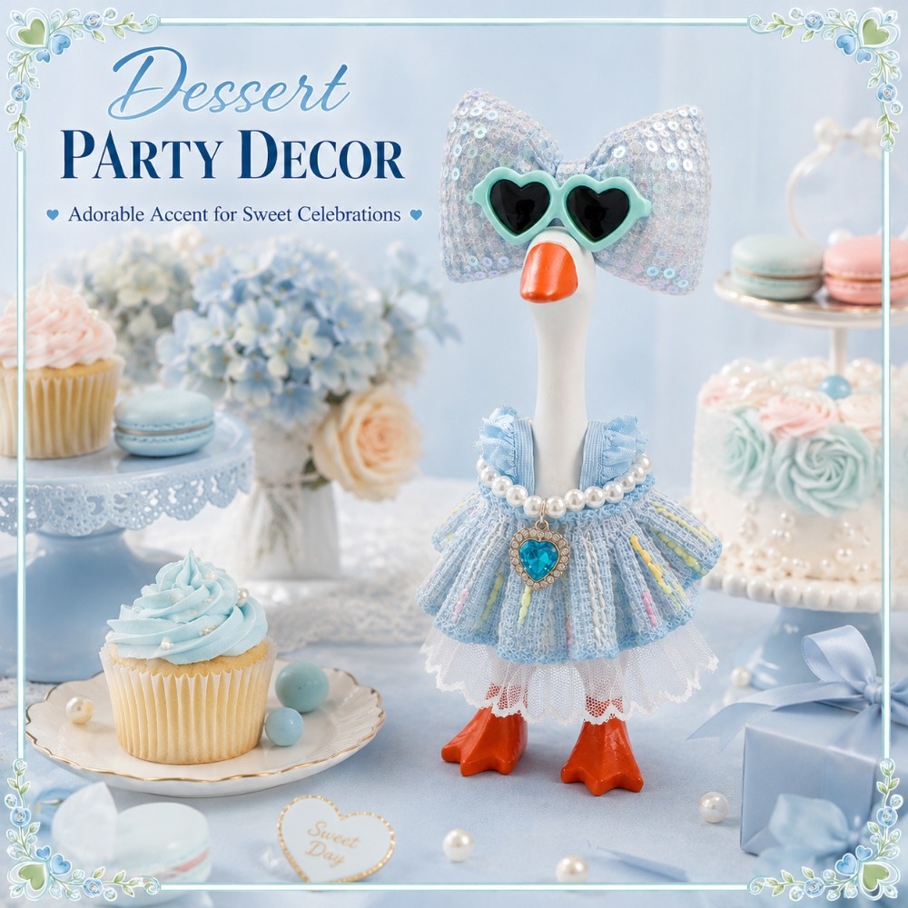 7 Inch Porch Goose Outfit, Blue Textured Dress with Heart Sunglasses, Hand Sewn Costume Set for Holiday Celebration - Image 2