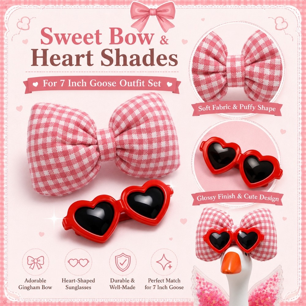 7 Inch Porch Goose Outfit, Pink Checkered Texture Dress with Heart Sunglasses, Exquisite Hand Sewn Costume Set - Image 2