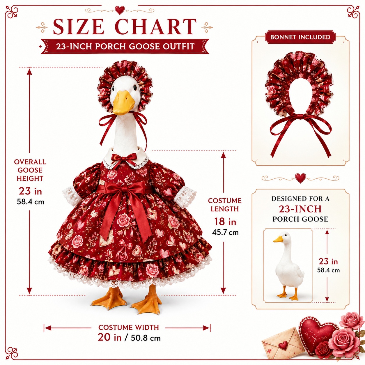 Valentine's Day Porch Goose Clothes, Heart & Rose Outfit for 23 Inch Lawn Goose, Yard Decor - Image 2