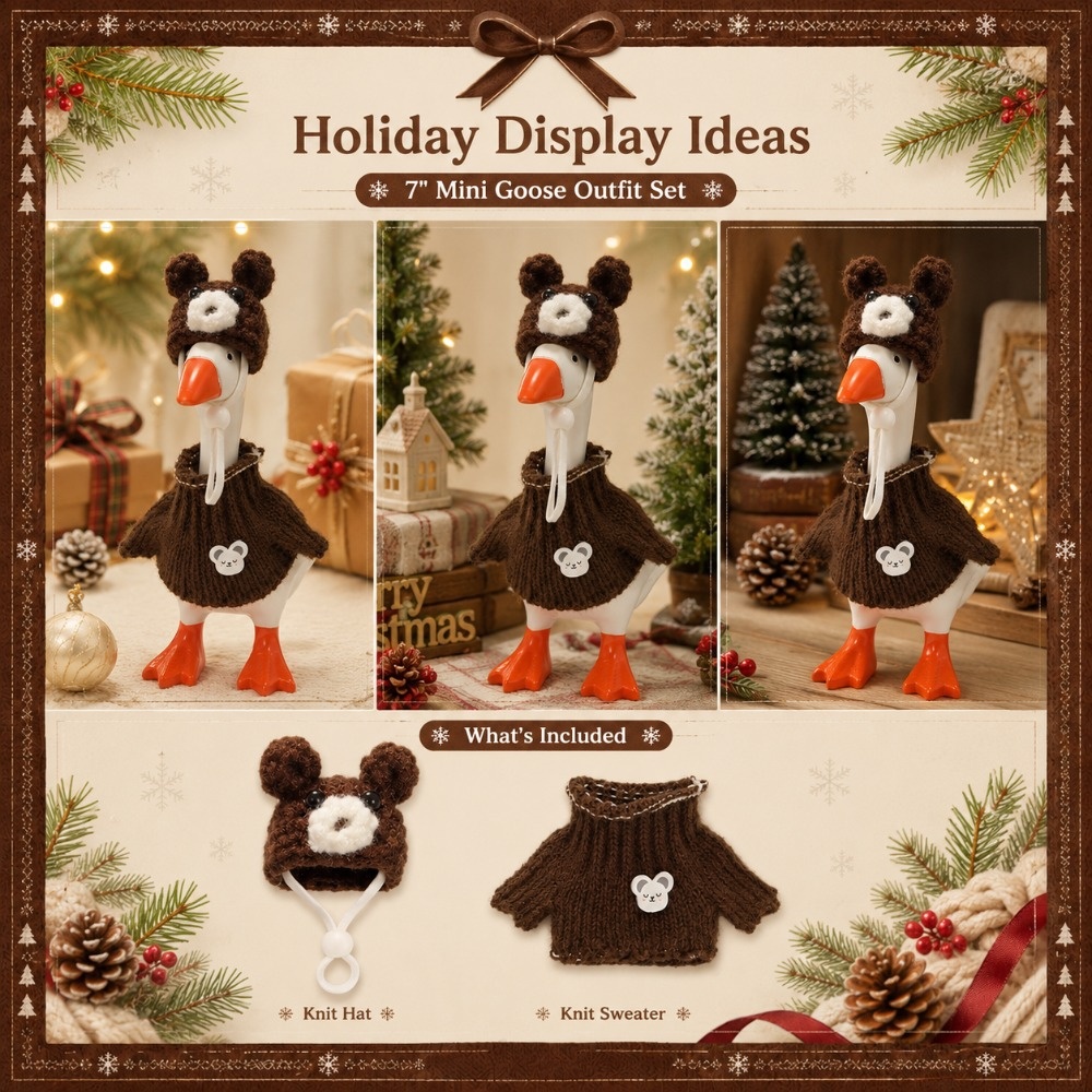 7 Inch Porch Goose Outfit, Brown Bear Hat Hand Knitted Costume, Animal Dress-up Set for Holiday Celebration - Image 5